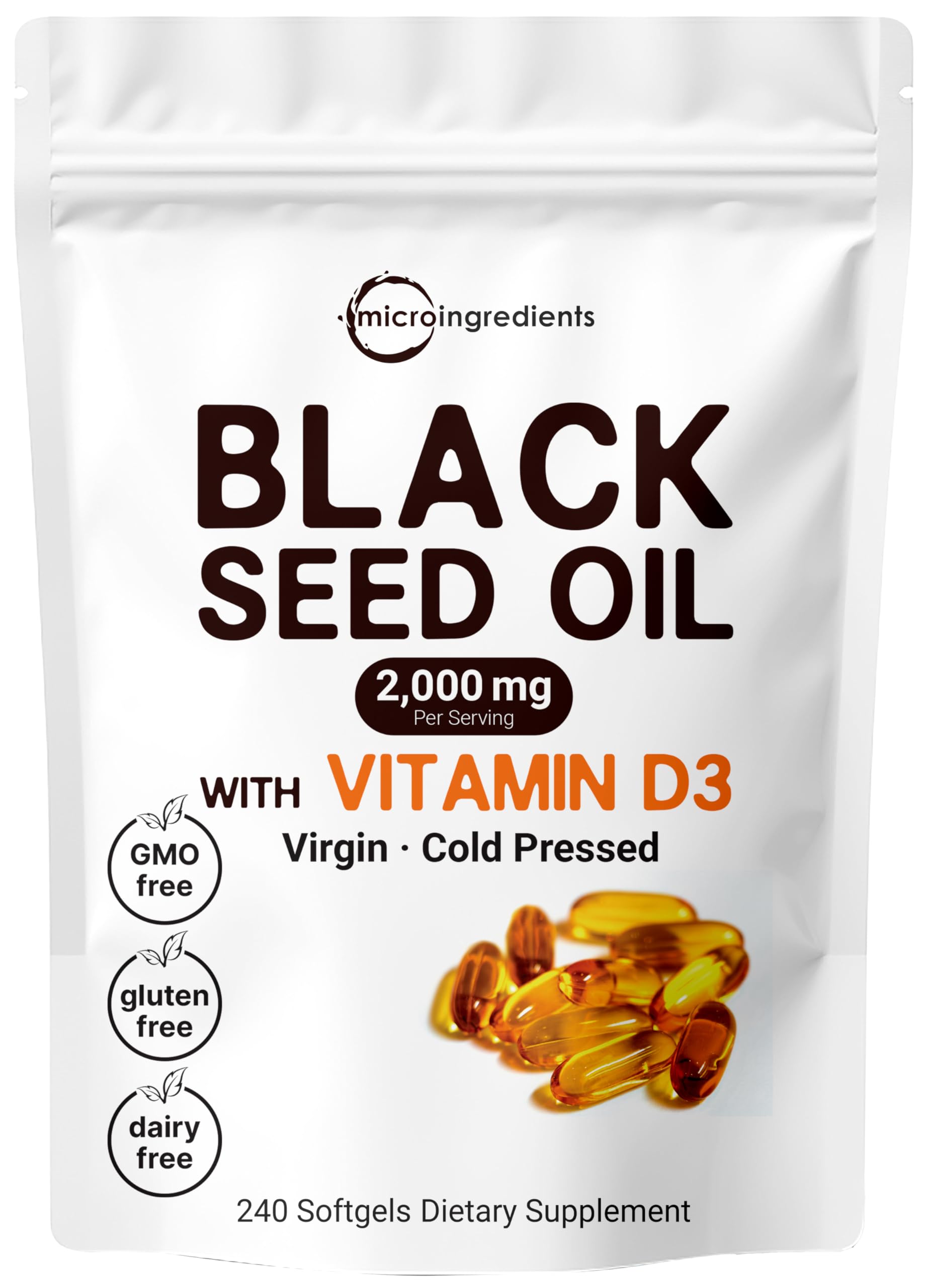 Micro Ingredients Black Seed Oil 2000 mg with Vitamin D3 1000 IU, 240 Softgels | Cold Pressed - Nigella Sativa Pills from Egypt, Virgin Oil, Odorless, Non-GMO & No Gluten