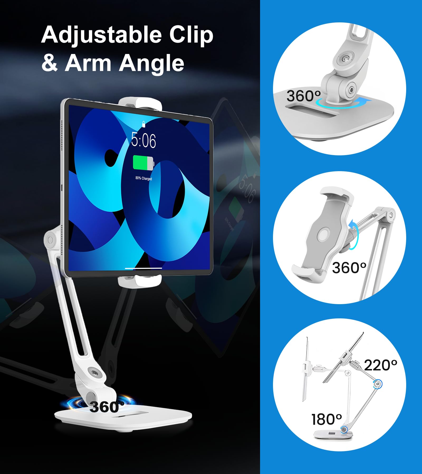 Soporte de aleación de aluminio ajustable para tableta, soporte giratorio de 360° compatible con teléfono/tableta de 4.7 a 12.9 pulgadas, iPad, iPhone, Samsung, Kindle, Switch, soporte de