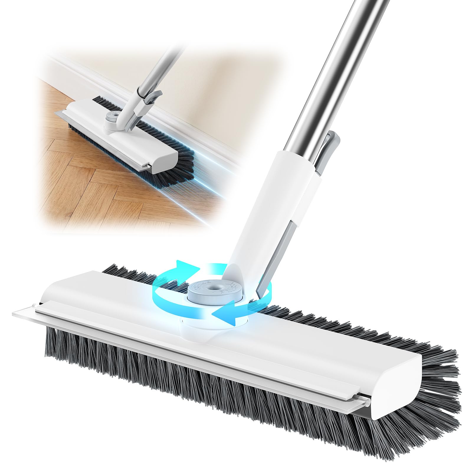 Spazzola per pavimenti con manico lungo, spazzola 3 in 1 con setole rigide resistenti per la pulizia di doccia, bagno, garage, cucina, patio e terrazza (bianco)