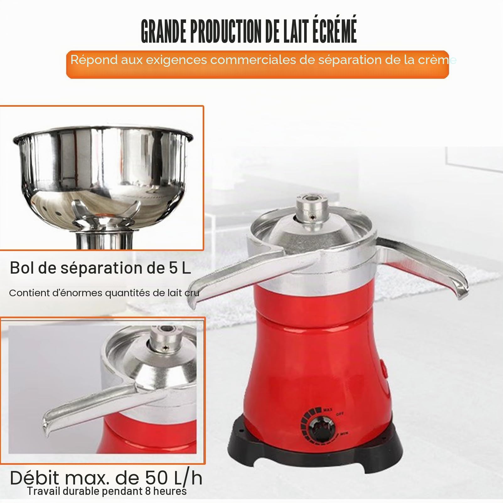 Écrémeuse Électrique Bol 5 L Séparateur de Crème Électrique 50 L/h Séparateur Centrifuge Crème en INOX 10500 TR/Min pour Séparer Produire Divers Laits Crème Écrémé