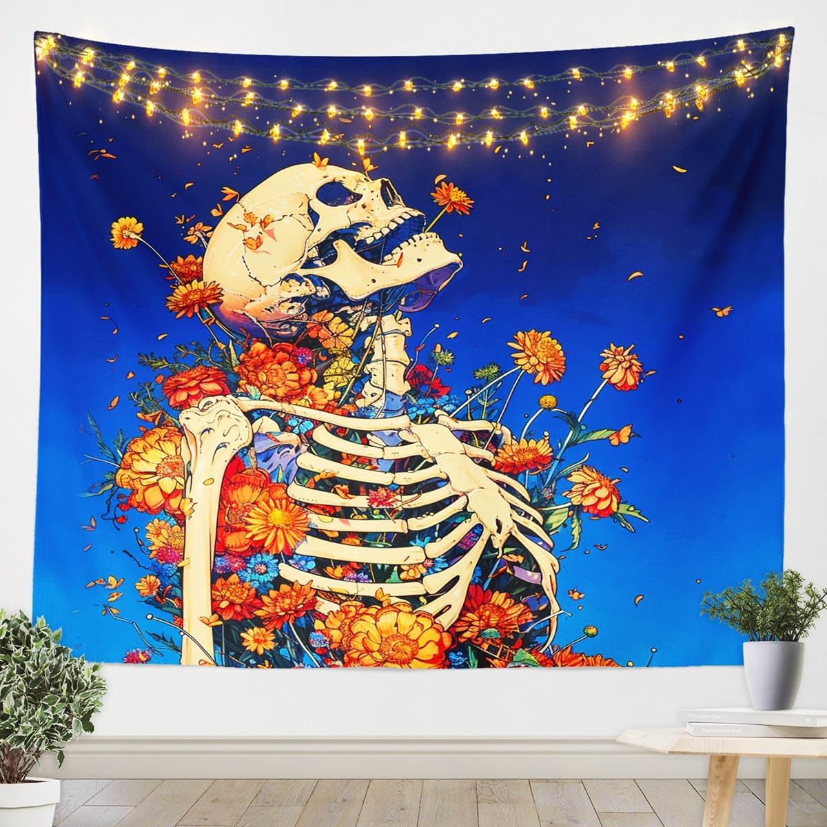 Castle Fairy Boho Skeleton Tapestry,Retro Floral Garden Wall Hanging Art,Romantic Starry Sky Night Wall Blanket for Kids Girls Boys Teens Room Decor,Colorful Exotic Porch Hangings,70.9x92.5