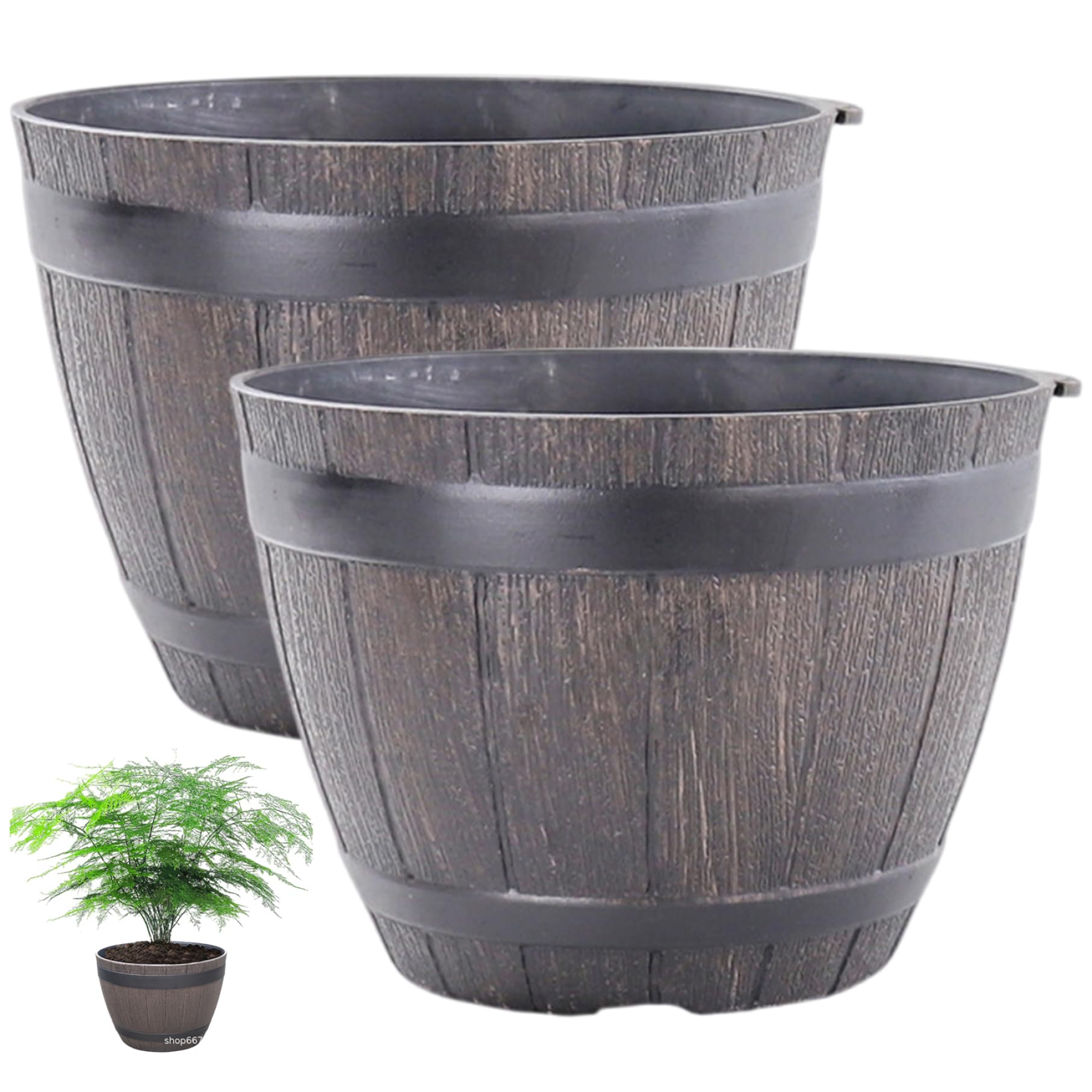 CAKEEYUM 2PCS Barrel Planter 7.5in Resin Large Pots for Plants with Drainage Wine Barrel Planter for Indoor & Outdoor Garden Yard Whiskey, Large Pots for Plants, Wine