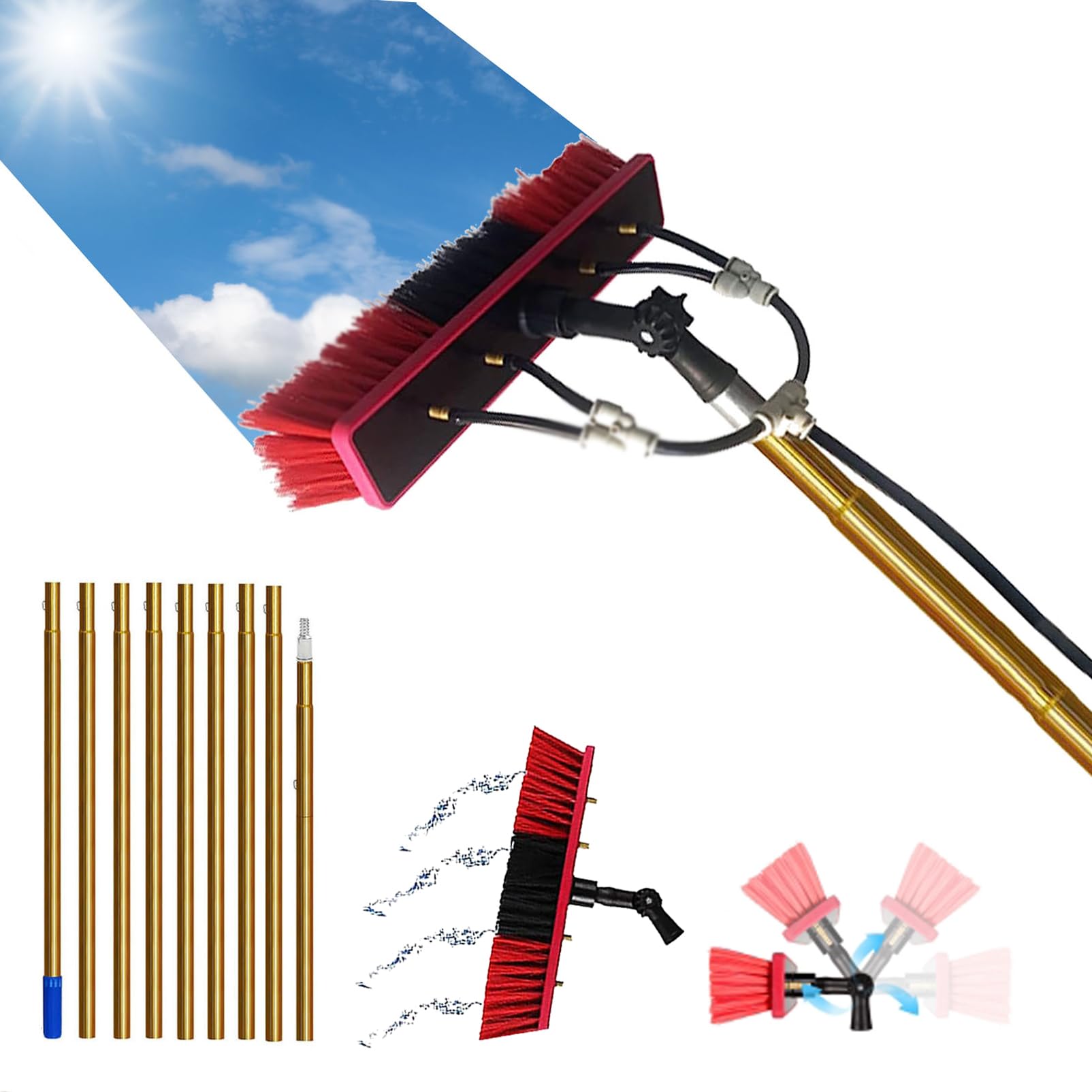 Kit Solar Limpia Cristales Telescópico de 3-15m con Dosificador de Jabón y Cabezal de Cepillo de 35/55cm Herramientas de Limpieza Exterior para Paneles Solares, Ventanas y Cartelerí