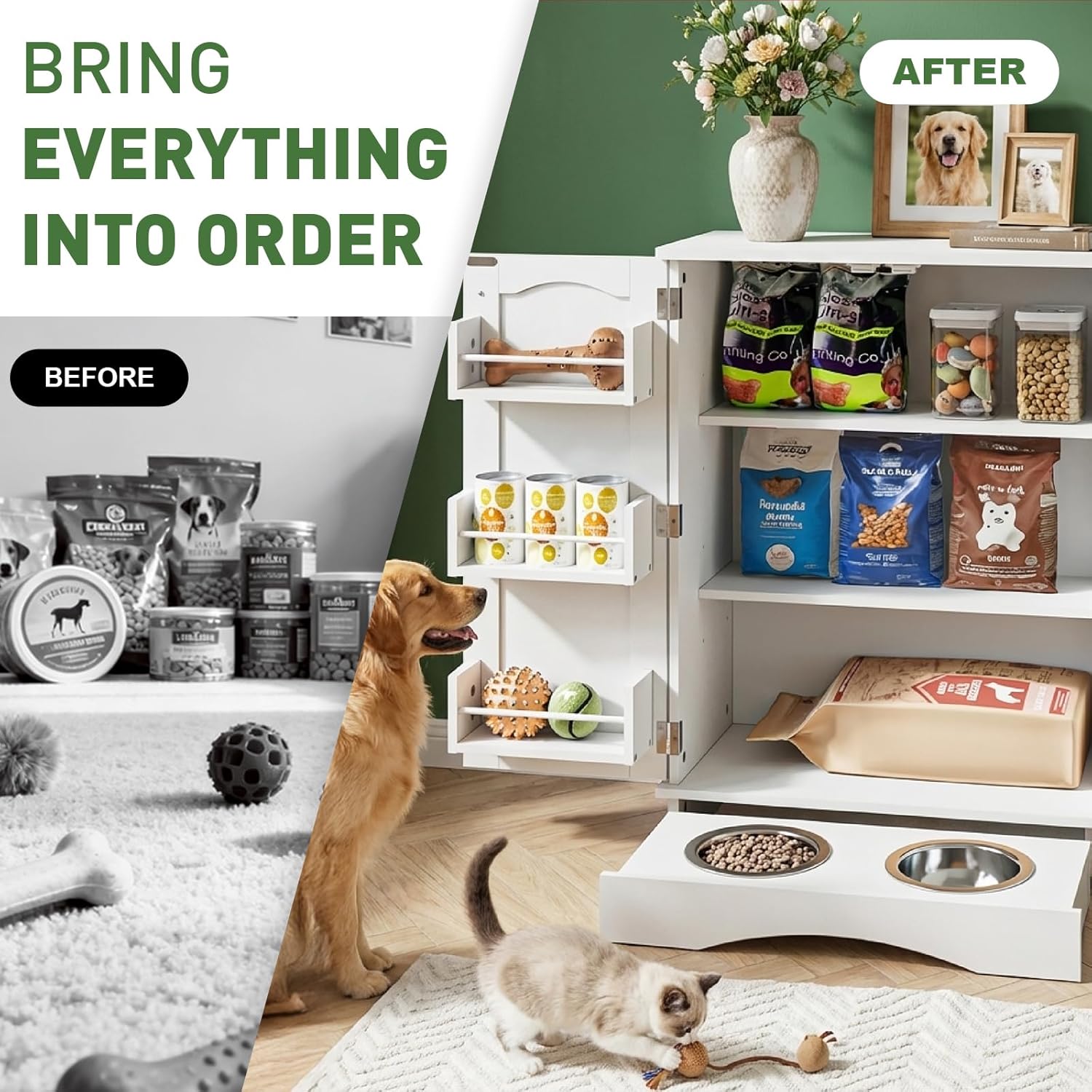 Hometis 23.5"(w) Dog Feeding Station with Storage, Dual Door Hung Storage, Hidden Feeding Bowls,(Off White)