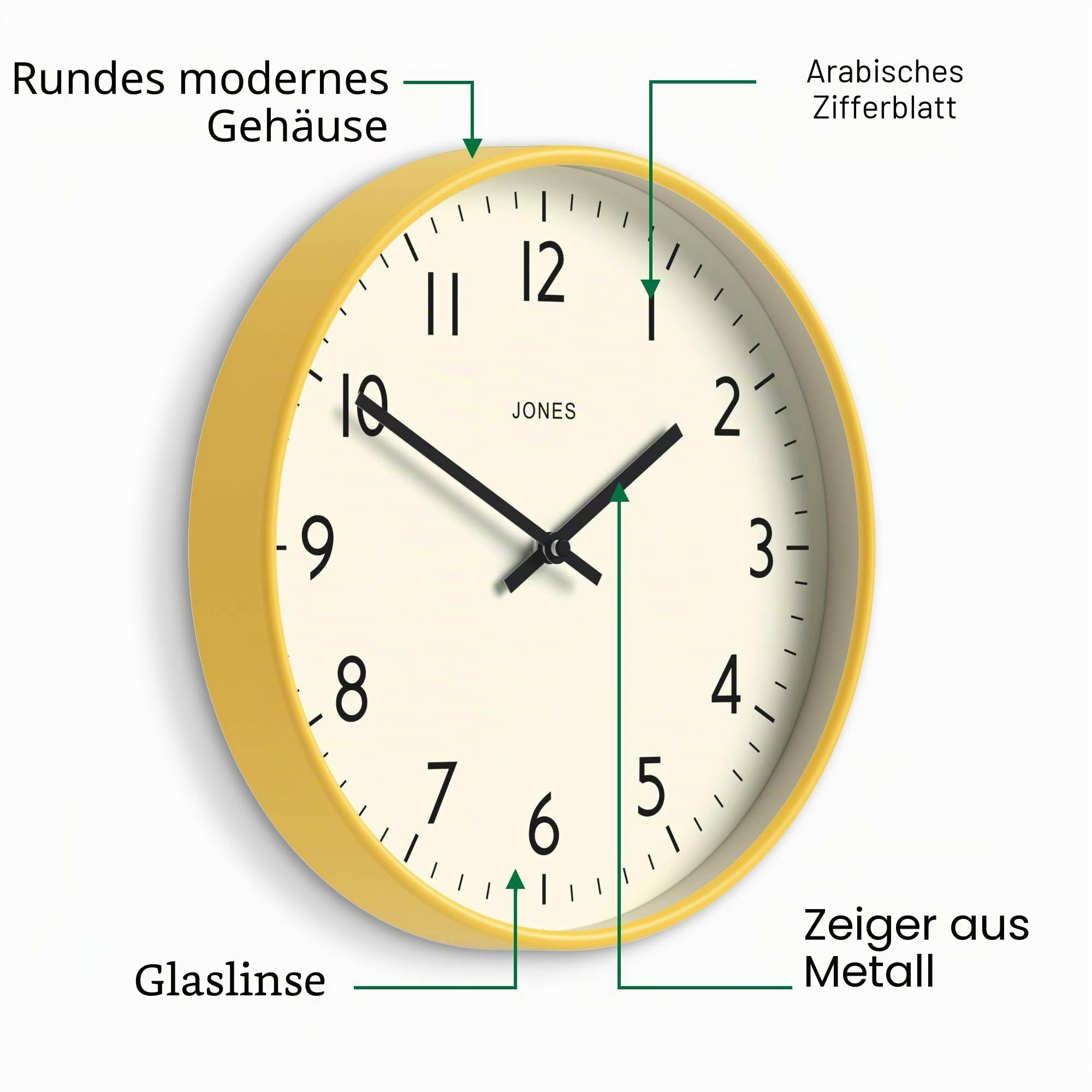 JONES CLOCKS® Studio Uhr | Moderne rundwanduhr | 30cm | Gelb | Leicht lesbare Zahlen | Vielseitiges Design für küche, Wohnzimmer oder büro