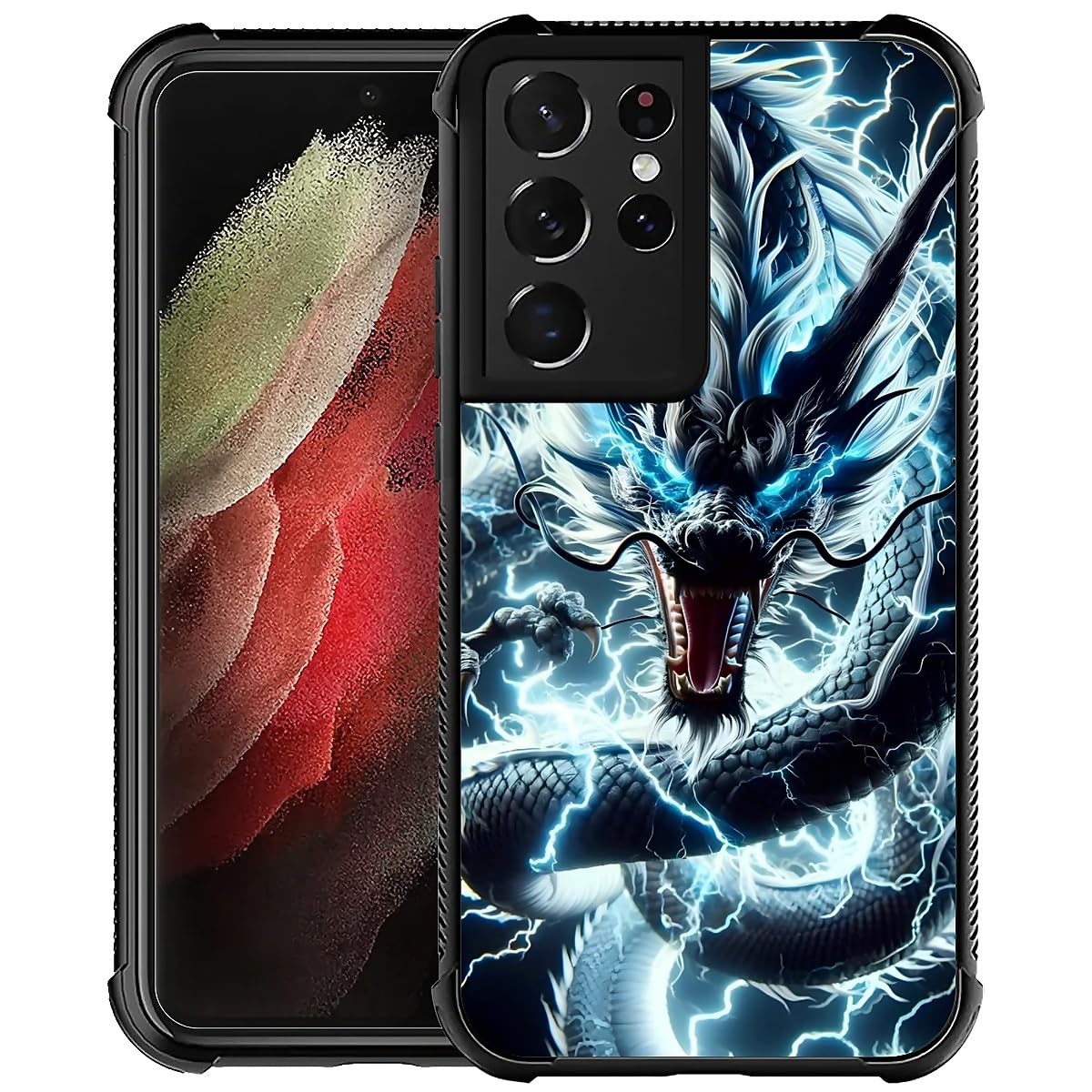 Zeggi for Samsung Galaxy S21 Ultra Case 6.8″ with Lightning Dragon Four Corner Airbag Protection Design Soft Silicone Frame Personalized Pattern Case