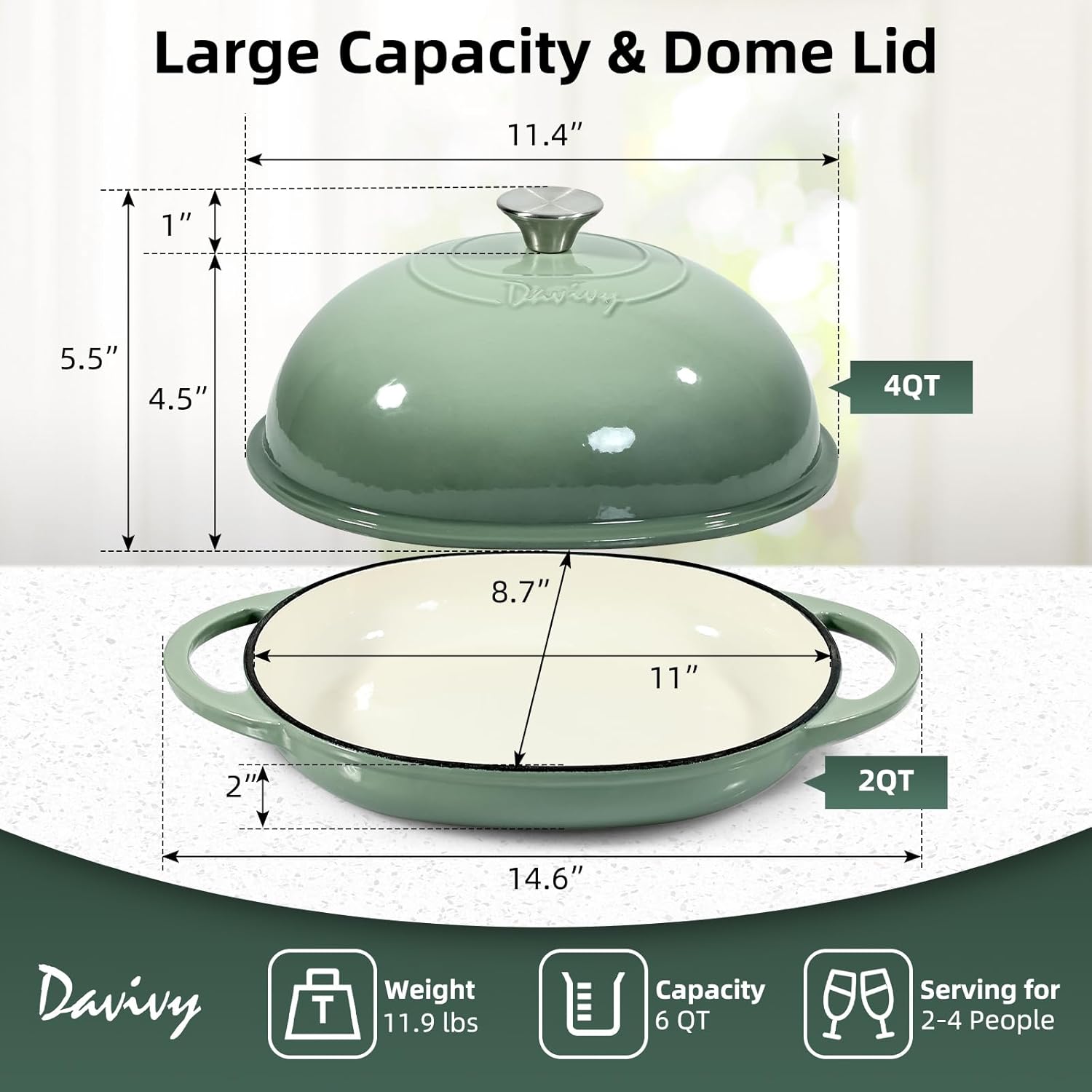 Davivy 6QT Oval Bread Dutch Oven with Silicone Oven Mitts, Enameled Cast Iron Bread Cloche Dutch Oven for Sourdough 6QT, Cast Iron Sourdough Bread Baking Pan with Domed Lid - Sea Salt Green