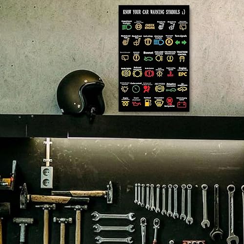 Miniatura 6 de Letrero sarcástico divertido de metal con luces de advertencia con texto en inglés "Know Your Car Warning Lights", póster para hogar, oficina,
