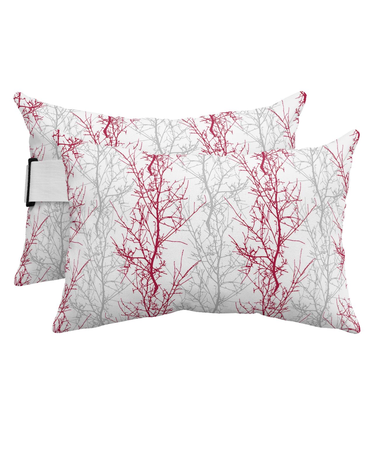Gradation Grey Outdoor Beach Pool Chaise Lounge Chair Head Throw Pillow Covers 12x20 With Insert And Adjustable Elastic Stripe Set of 2,Lumbar Cushion Pillow Cases,Abstract Tree Branch Forest Rose Red