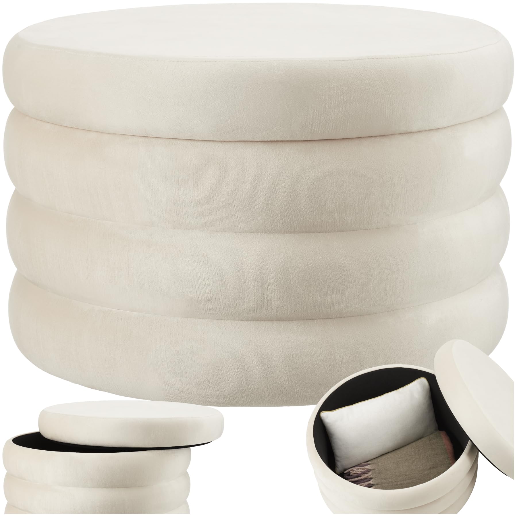 tectake® Taburete Almacenaje Bouclé, Carga: 150 kg, MDF, Puff Almacenaje, Taburete Dormitorio, Reposapies Puff, Zapatero Entrada Recibidor, Asiento Acolchado, Ideal Salón - 67 x 42 cm Blanco/Crema