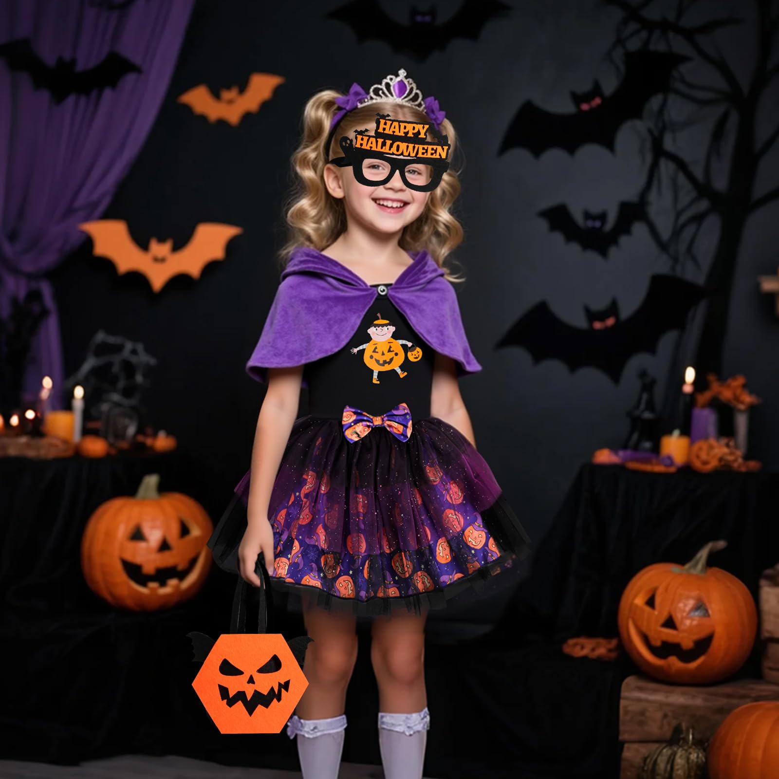 TAGVO Costume da Strega Halloween per Bambina, Ragazze Principessa Vestito Strega Viola Poncho Cappuccio Capo Paillettes Tulle Abiti serbatoio per bambini Halloween fantasia vestire per 1-6 anni