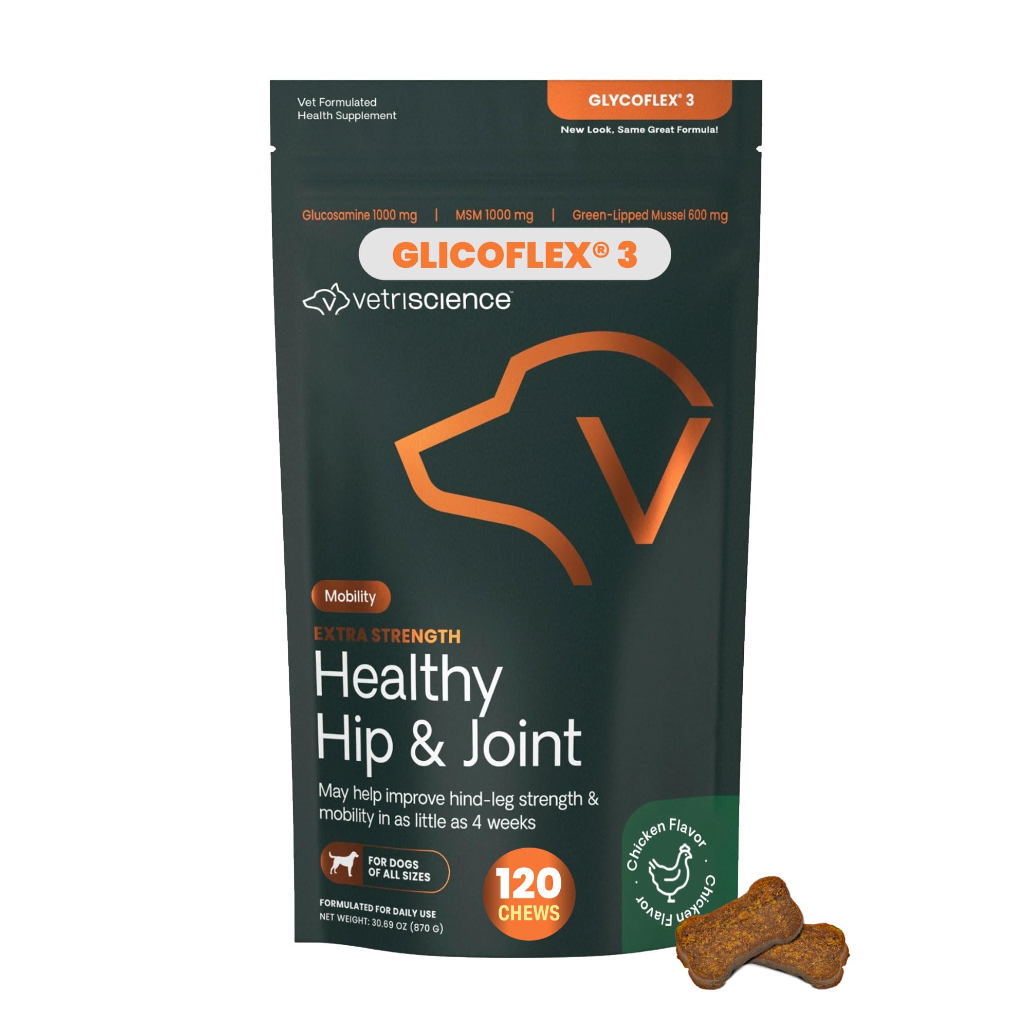 VetriScience Extra Strength Healthy Hip & Joint Chews, GlycoFlex Glucosamine and Green-Lipped Mussel Joint Support Supplement for Dogs, Promote Mobility and Soothe Joint Discomfort, Chicken, 120 Count