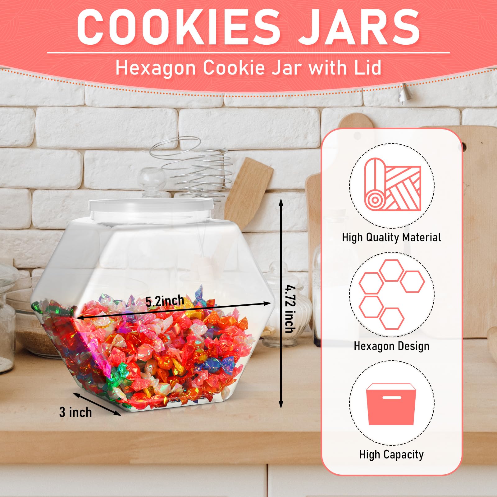 Blvochnnt 3-Pack Hexagon Plastic Candy Jars - 72oz Clear Cookie Jars With Lids For Snacks, Dry Food, Storage