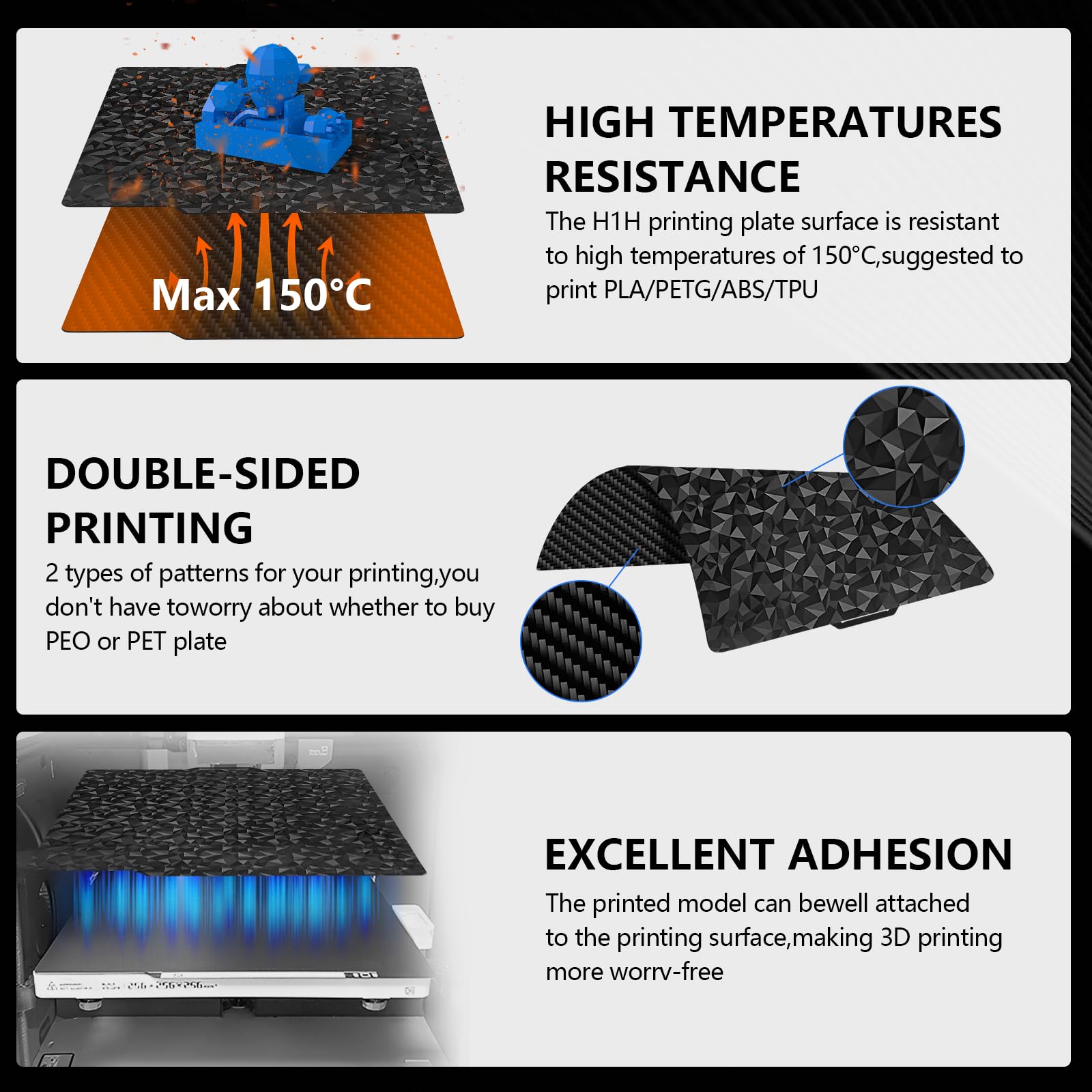 Hossom 3D-podłoże dwustronne dla Bambulab X1, X1C, X1E, P1P, P1S, A1, BIQU CryoGrip Pro, Glacier Panda, podłoże dwustronne PEO+PET dla drukarki 3D Bambu Lab, platforma podłoża dla podłóż Bambu Lab
