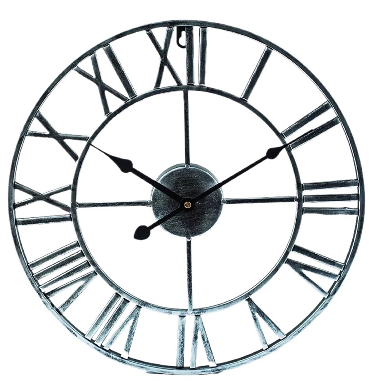 VFDVSWZSA Stylish wall clock, Metal Numeral Retro Iron Round Face Black Gold Large Outdoor Garden Clock For Home Decoration(Silver)