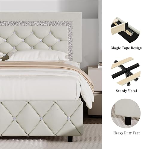 Miniatura 106 de BarnFurin - Base de cama matrimonial con cabecera capitoné, plataforma tapizada con diseño de diamante, base de colchón, soporte de listones de