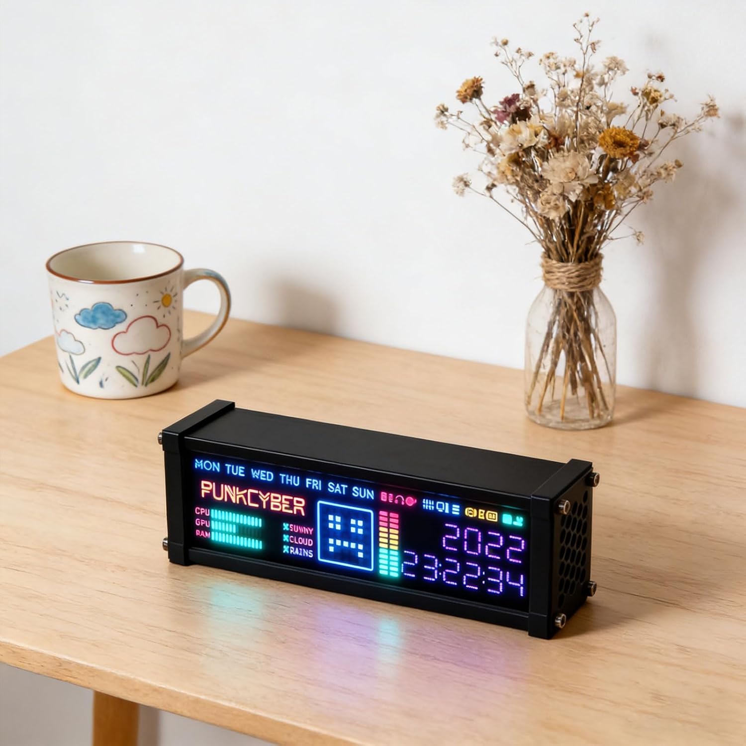 Electronic Fluorescent Tube Clock Clear LED Display | Adjustable Modes Color Brightness, Wfd Clock Spectrum Function, Cyberpunk Desktop Ornament, Low Annual Error, For Home