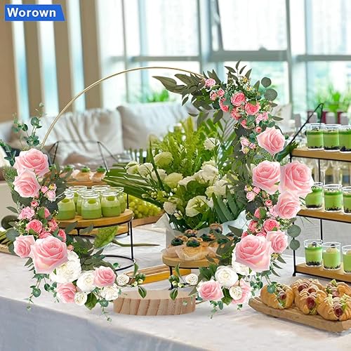 Vista 27 de Worown Paquete de 6 centros de mesa de aro floral de metal de 10 pulgadas con 6 soportes de madera para mesa, anillos de metal plateado para hacer