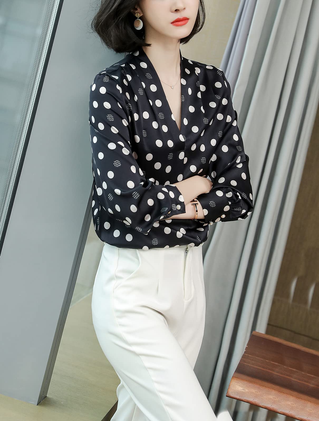 E-girl Blusa de seda para mujer con estampado de puente, blusa de manga larga con cuello en V, blusa de seda, S3517
