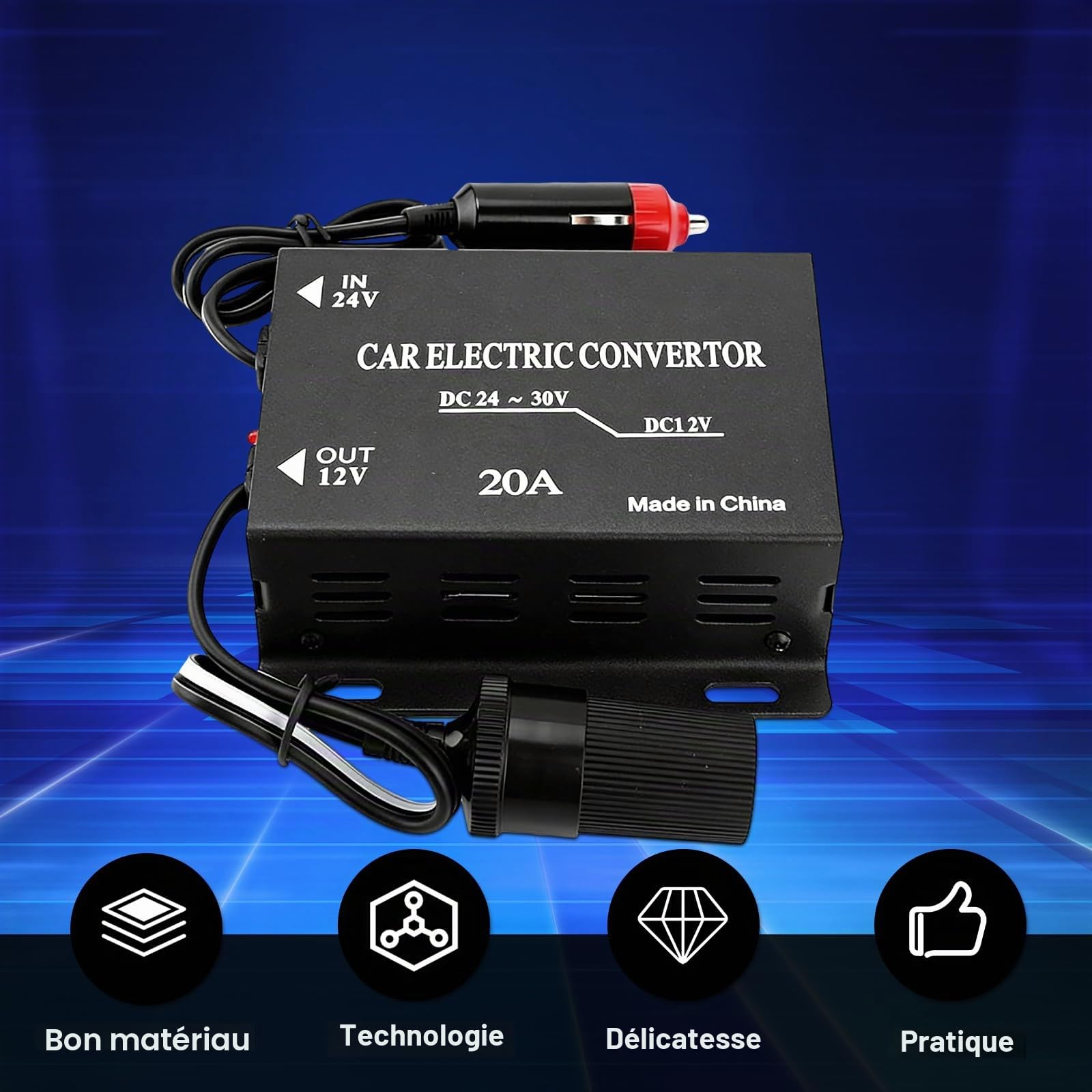 Réducteur De Tension De Voiture, Alimentation Abaisseur Voiture 20a 24v vers 12v, 240W Convertisseur d'alimentation De Voiture avec Prise Allume-Cigare, 20a Transformateur Abaisseur De Tension