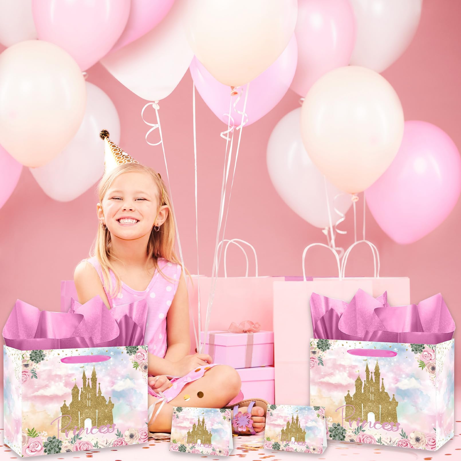 Large Princess Gift Bag Princess Castle Party Favor Bag with Tissue Paper and Cards Princess Candy Goodie Bags Prince Princess Treat Gift Wrapping Paper Bags for Girl Birthday Party Decorations