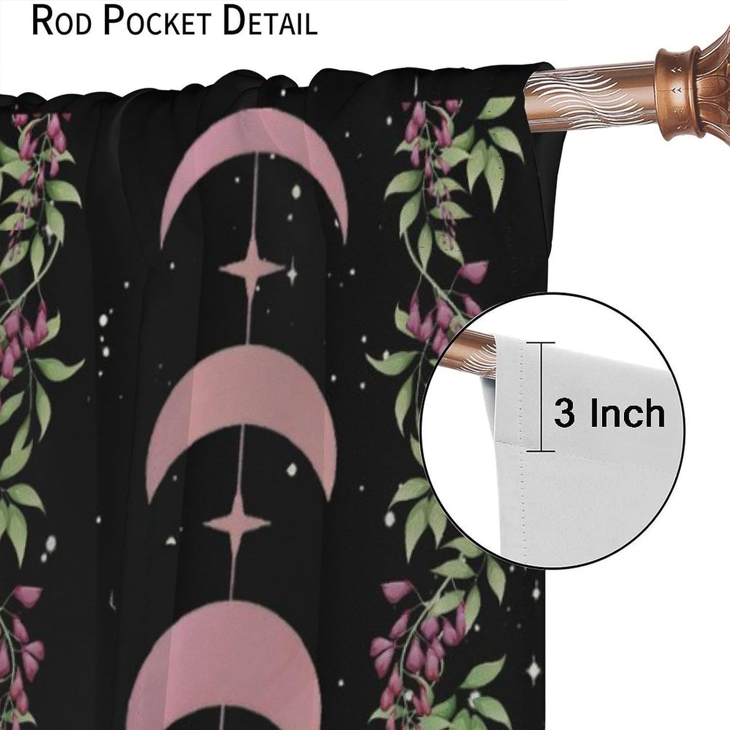 Pink Moon Phase Curtains,Stars Boho Floral Moonlit Gothic Art Print Window Drapes for Bedroom Living Room Kitchen Cafe （W20xL45 Inch） x2 Decor image 5
