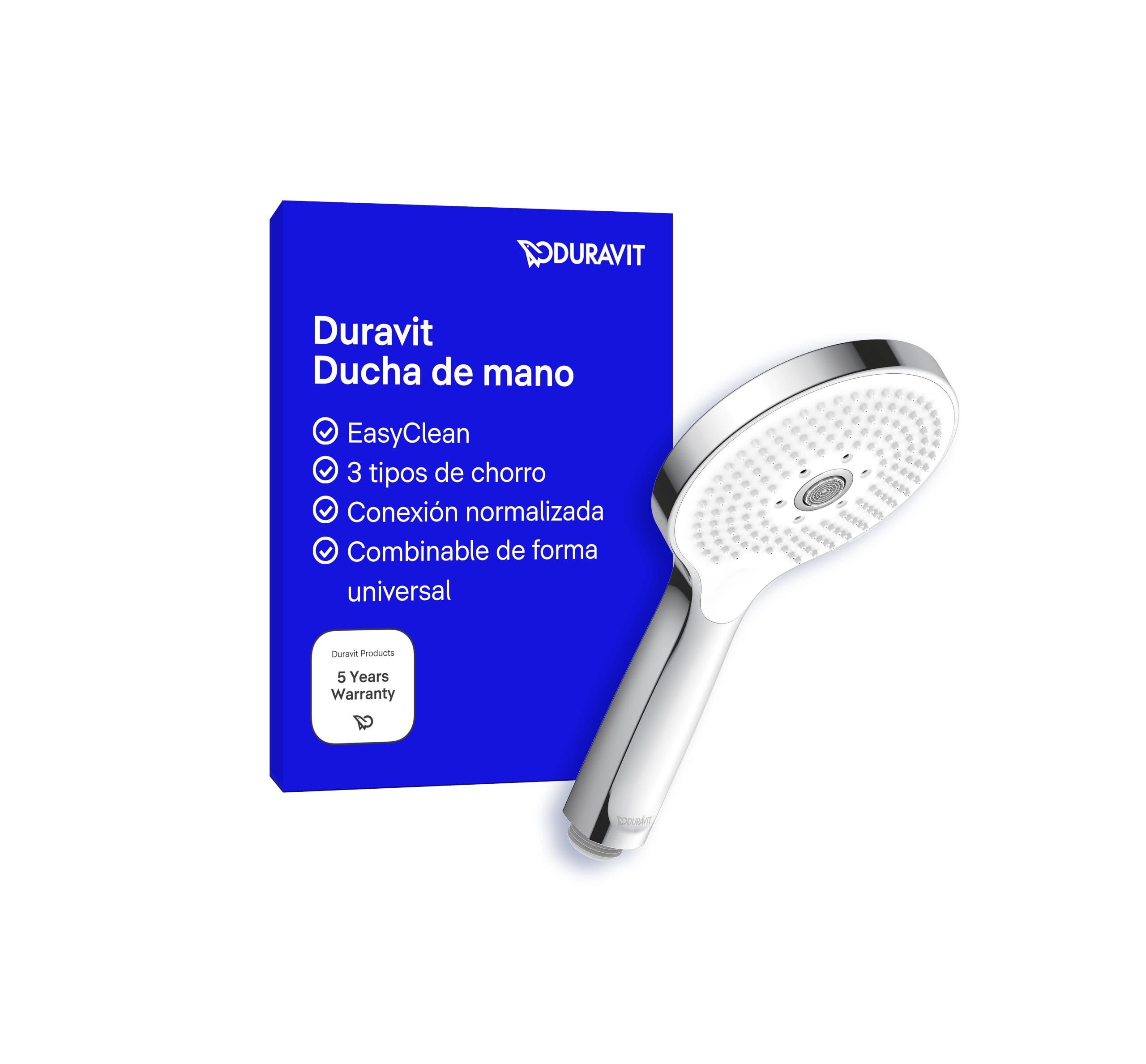 Duravit Universal ducha de mano, cabezal de ducha con 3 tipos de chorro (Rain, Pulse, Mono), ducha manual redondo (Ø 120 mm), con toberas de silicona fáciles de limpiar, cromo/blanco