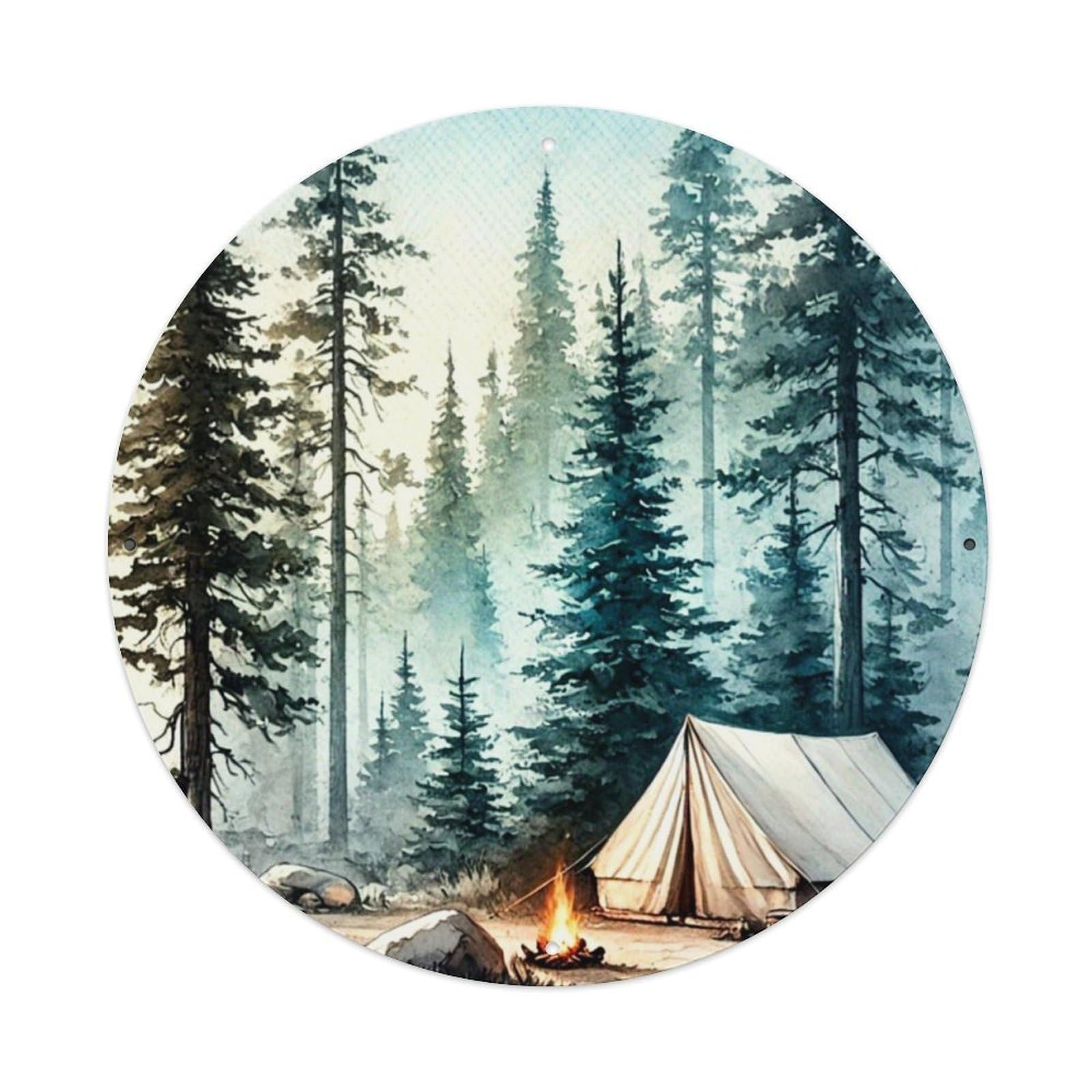 Forest Camping Tent Fire Scene Vintage Metal Tin Sign Retro Wall Decor for Home Bar Garage Cafe, Indoor & Outdoor Decorative，circle Metal Poster, 8x8 Inch