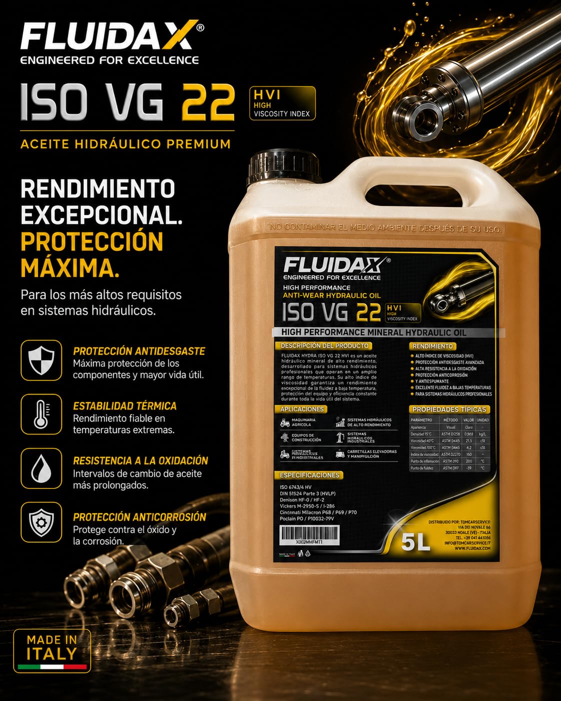 Aceite Hidráulico ISO VG 22 HVI 5L – Alto Índice de Viscosidad – Protección Antidesgaste y Anticorrosión – Para Sistemas Hidráulicos, Maquinaria Agrícola e Industrial