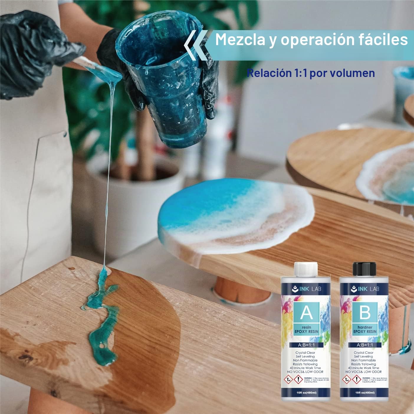 INK LAB Resina Epoxi Cristalina 960ml Ultra Transparente Resina Epoxi con Endurecedor para Fundición y Revestimiento No-Tóxico Kit de Resina Epoxi Relación de 1:1 para Bricolaje Artesanía Madera...