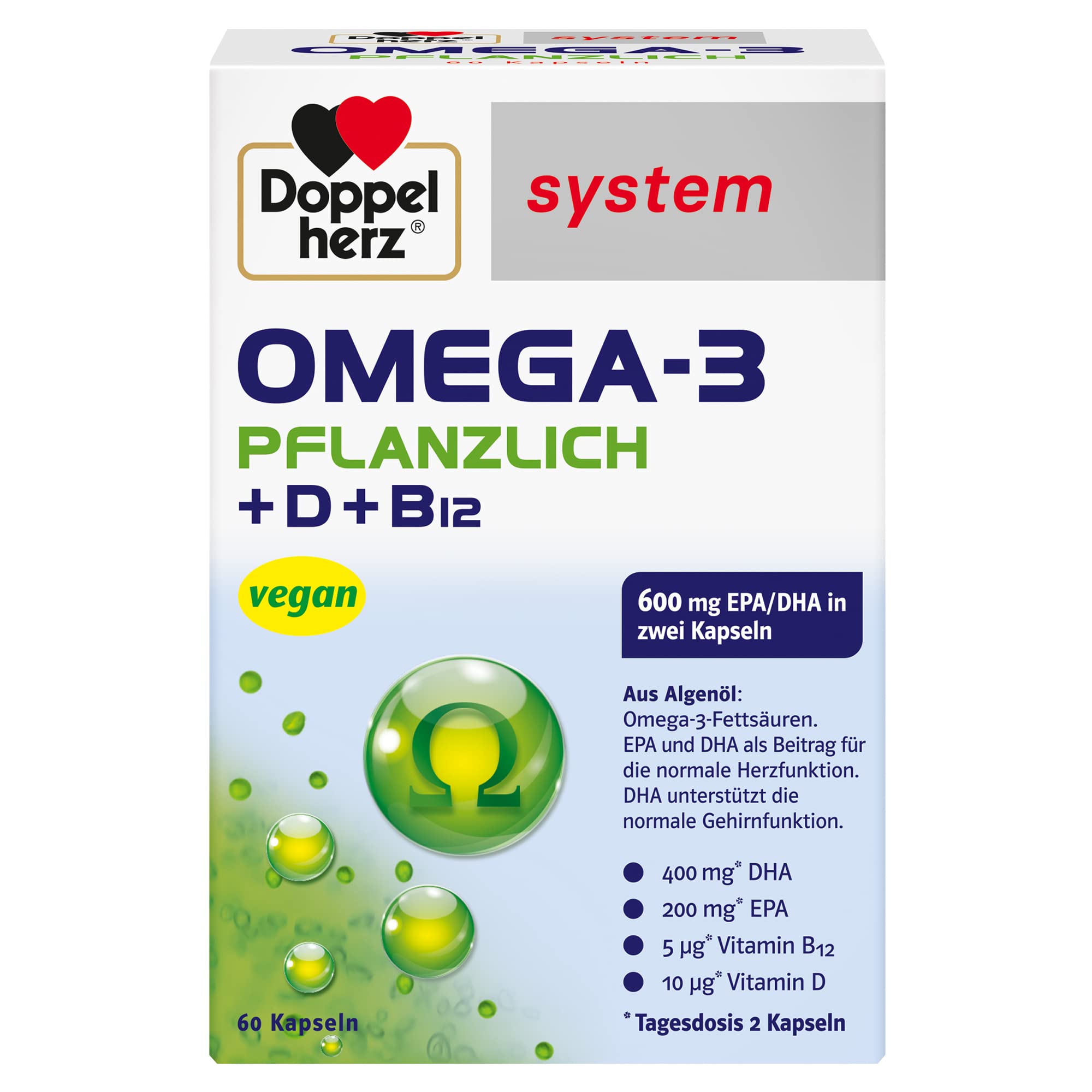 Doppelherz system OMEGA-3 PFLANZLICH – Algenöl – mit Vitamin D – 60 Kapseln