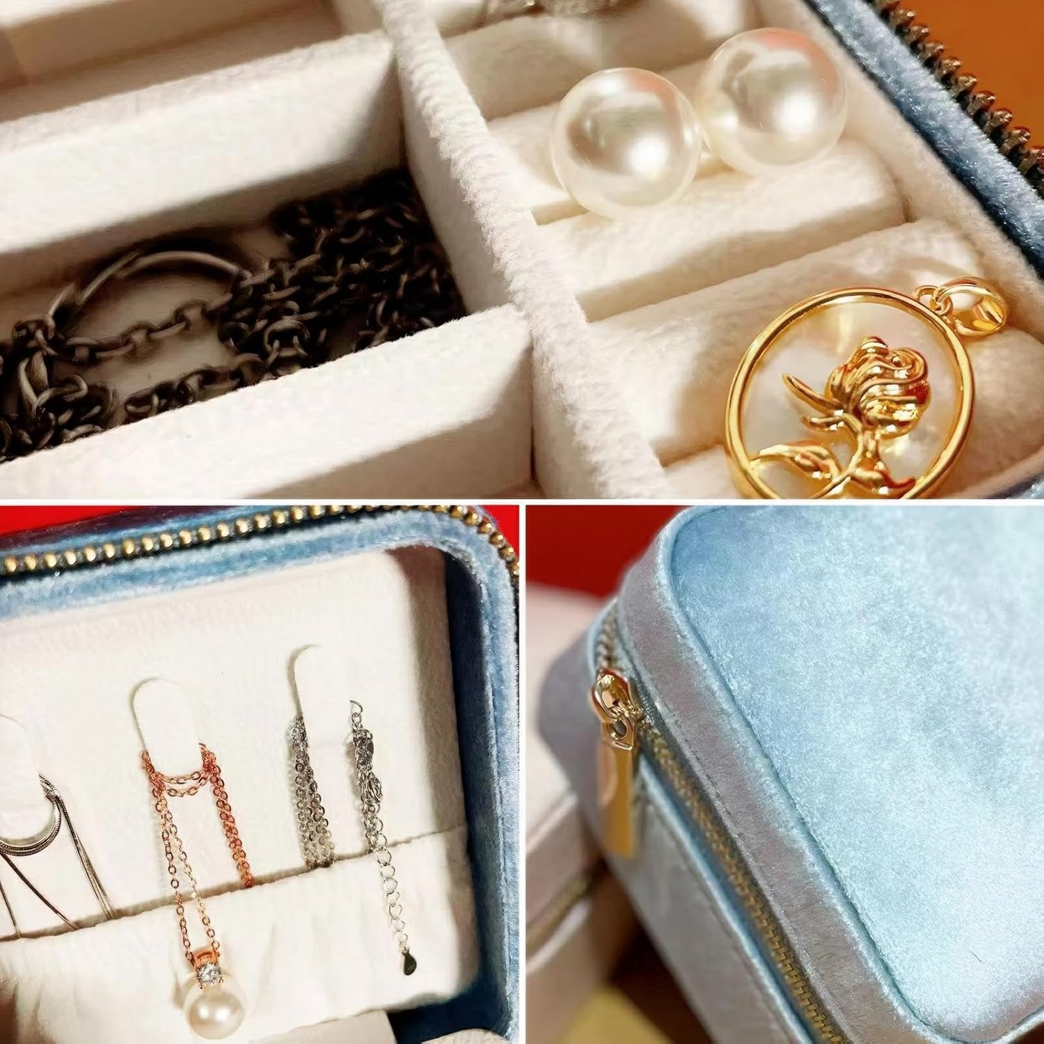 Velvet Jewelry Box, Small Travel Jewelry Organizer, Portable Jewelry Case for Women with Mirror, Sky Blue Mini Plush Travel Box