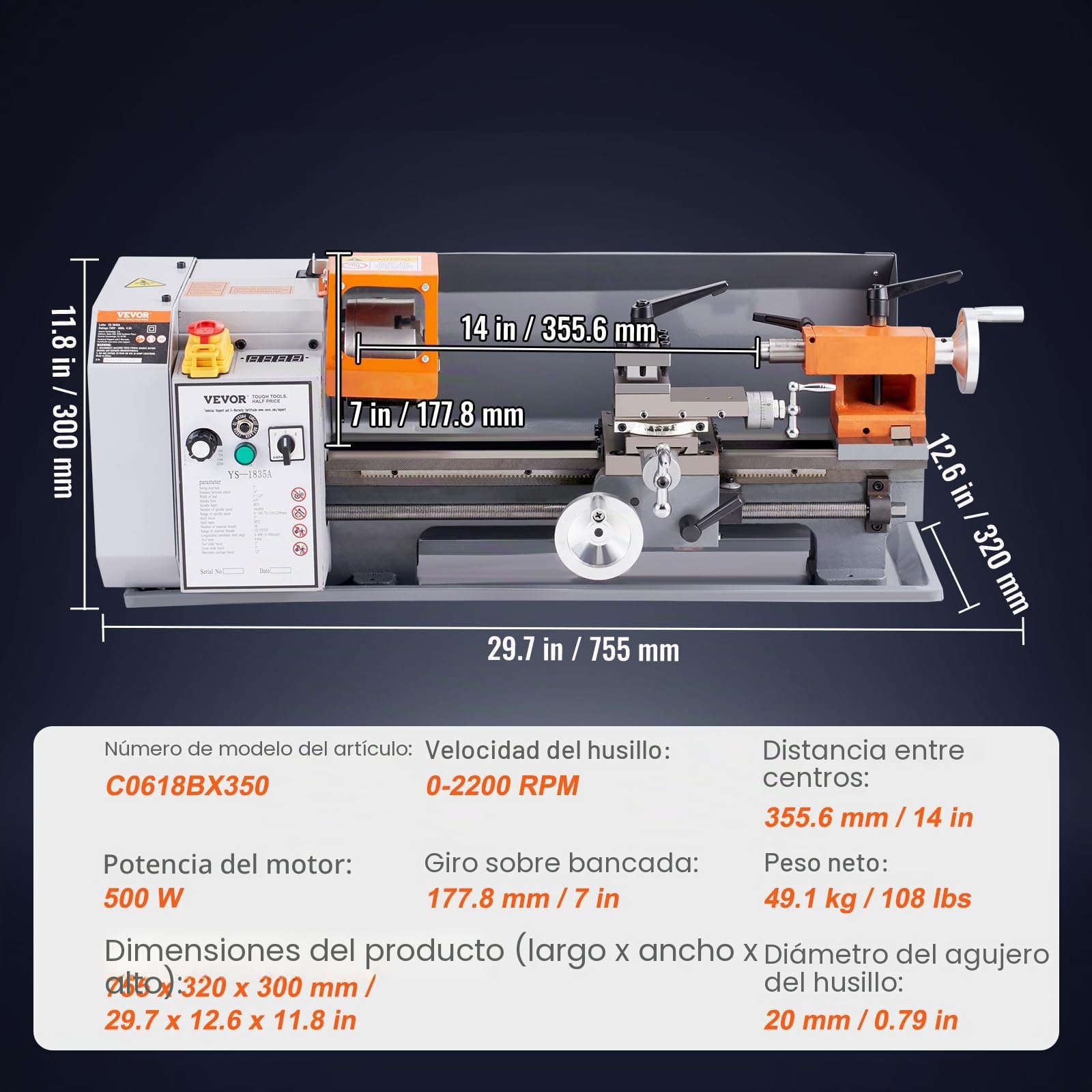 VEVOR Torno de Metal de Precisión 7" x 14" Mesa de Torno de Metal 500 W Velocidad Variable Continua 0-2200 rpm Motor de Cepillo de Metal Caja de Herramientas para Mecanizado de Piezas de Precisión