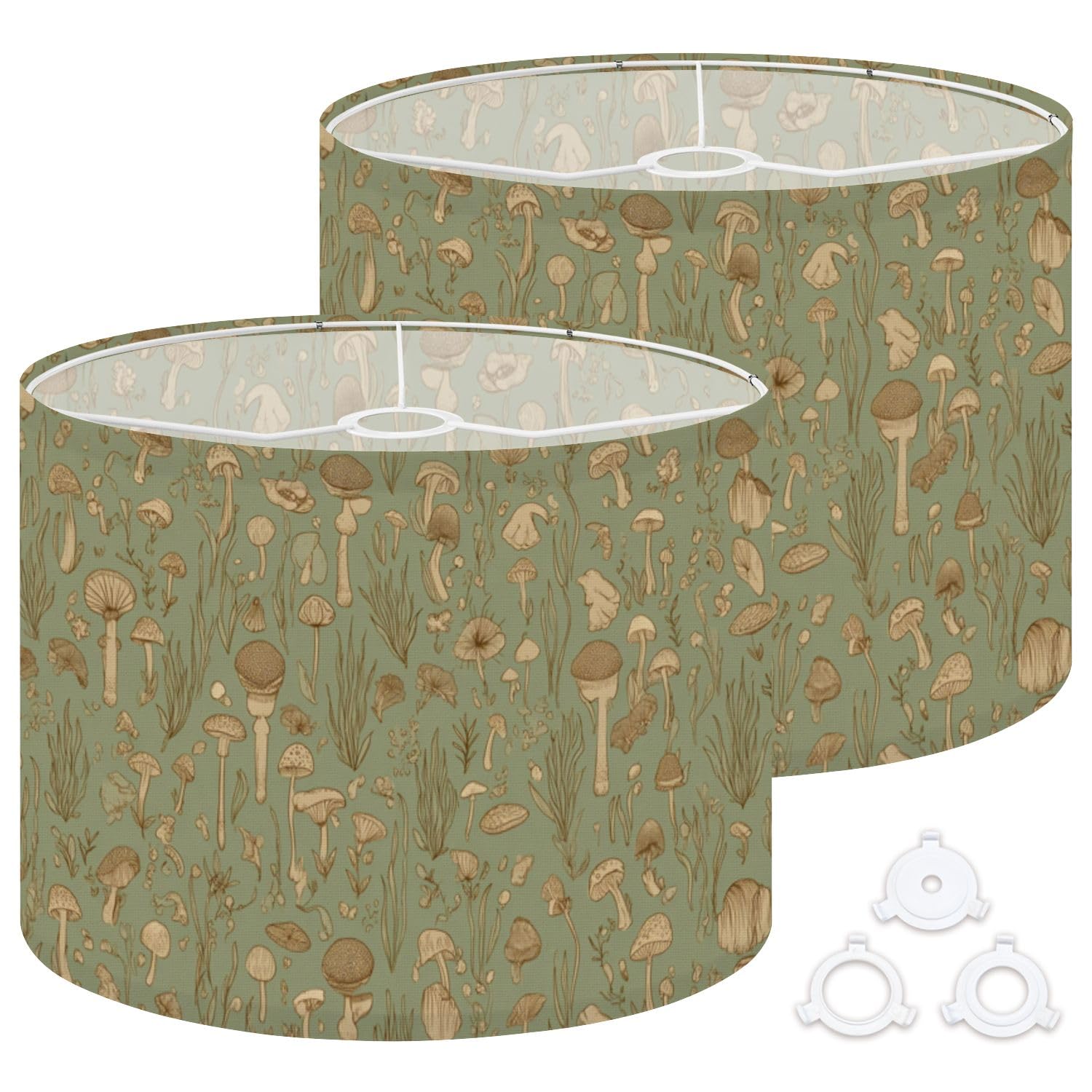Fabric Drum Lamp Shade Botanical Mushroom Green Vintage Vintage Funky Medium Linen Decorative Lampshades 13inch Set of 2 for Table Lamps, Floor Lamps,Ceiling Lamp