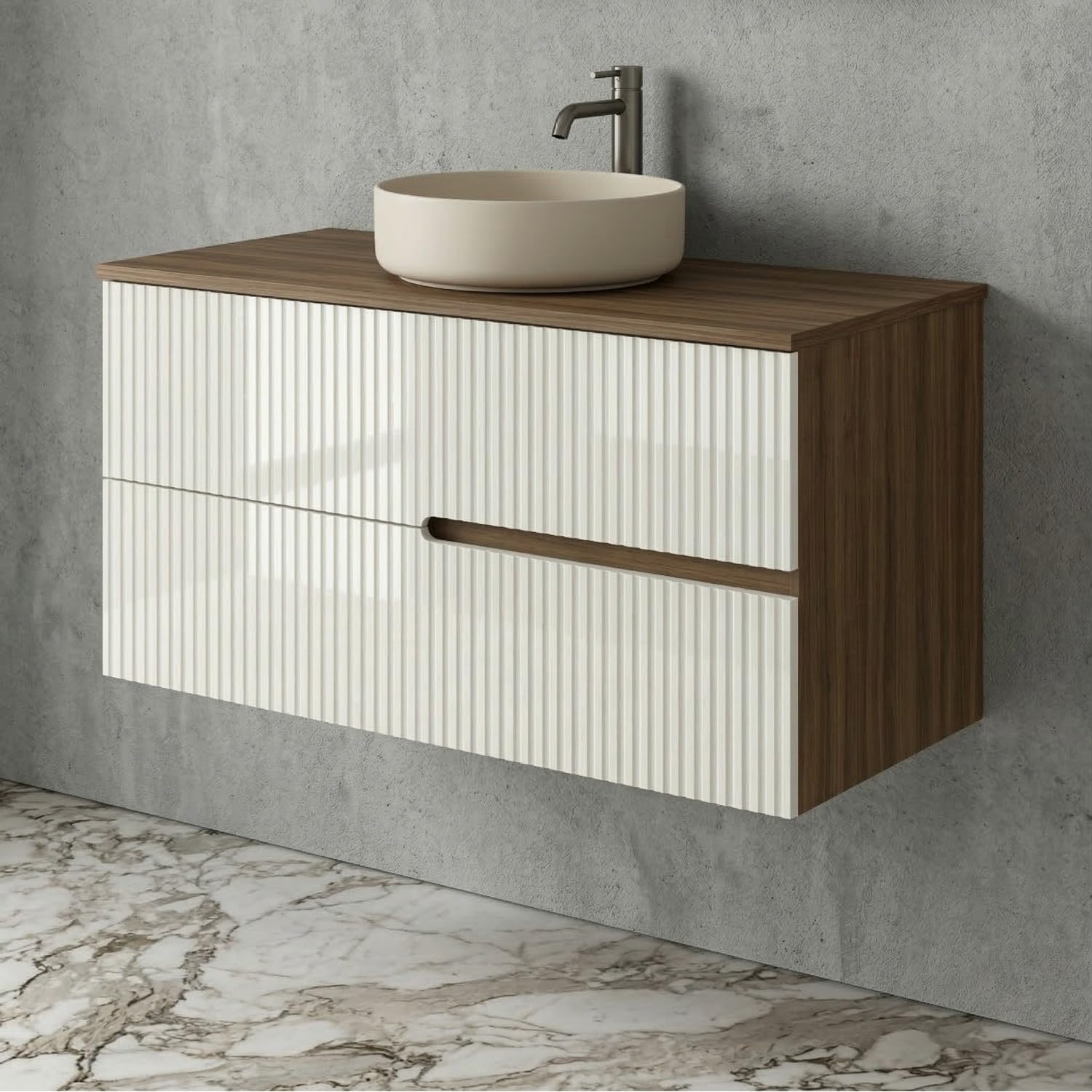 SANIVERRE EVA Meuble Vasque à Poser Suspendu L.100 cm Chêne Moka 2 Tiroirs Blanc Brillant Cannelé (sans Colonne) Salle de Bain