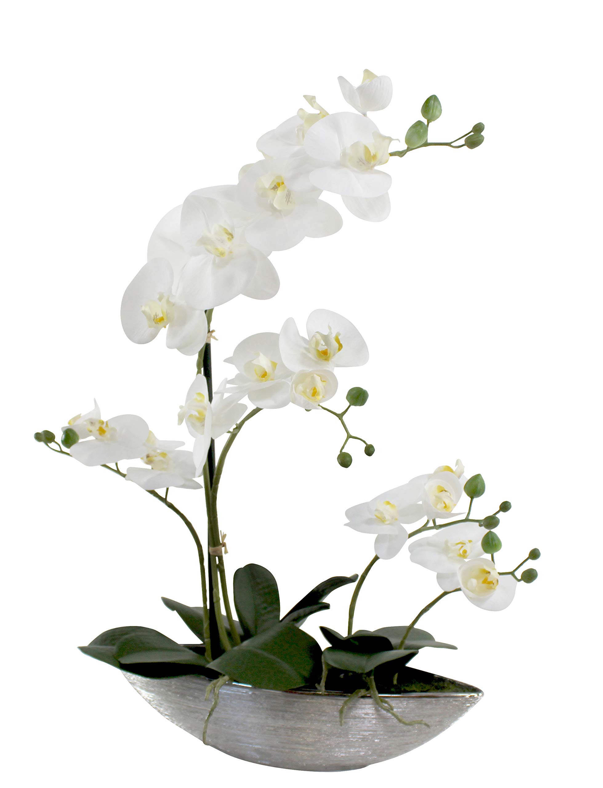 DARO DEKO Kunst-Pflanze Orchidee Schiffchen Topf Silber glänzend und weiße Blüten 53cm hoch