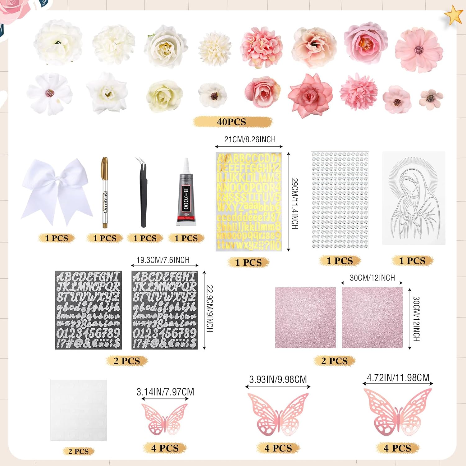 WinnerWhy 65Pcs DIY Our Lady of Guadalupe Mexican Graduation Cap Decorations 2026 Handmade Mexico Grad Hat kit Included Faux Flower Heads Letter 3D Butterfly Stickers for Craft Graduation Cap Topper