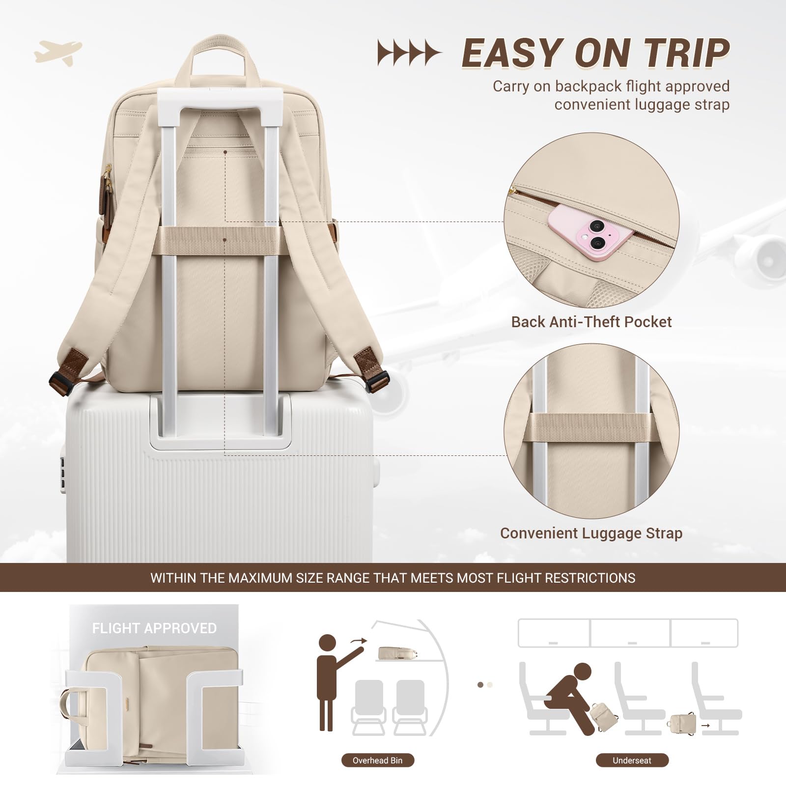 GOLF SUPAGS Sac à Dos Femme, Sac de Jour Décontracté pour le Travail Voyage École, Sac a Dos Ordinateur Portable Fits 15.6 Pouces Notebook