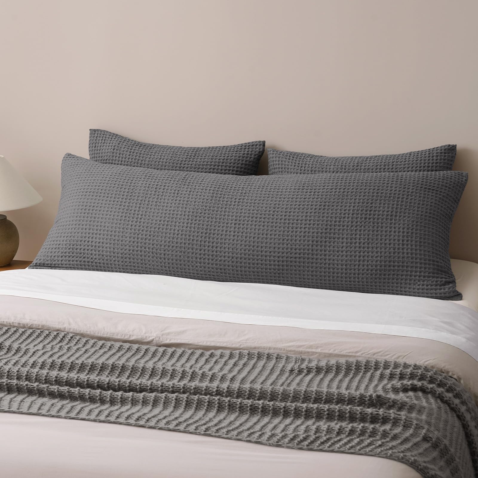 phf ultra soft waffle weave body pillowcase with zipper, no insert, 1pack 20" x 54" pillow sham, breathable & skin-friendly body pillow case, stylish decorative bed pillow cover, grey
