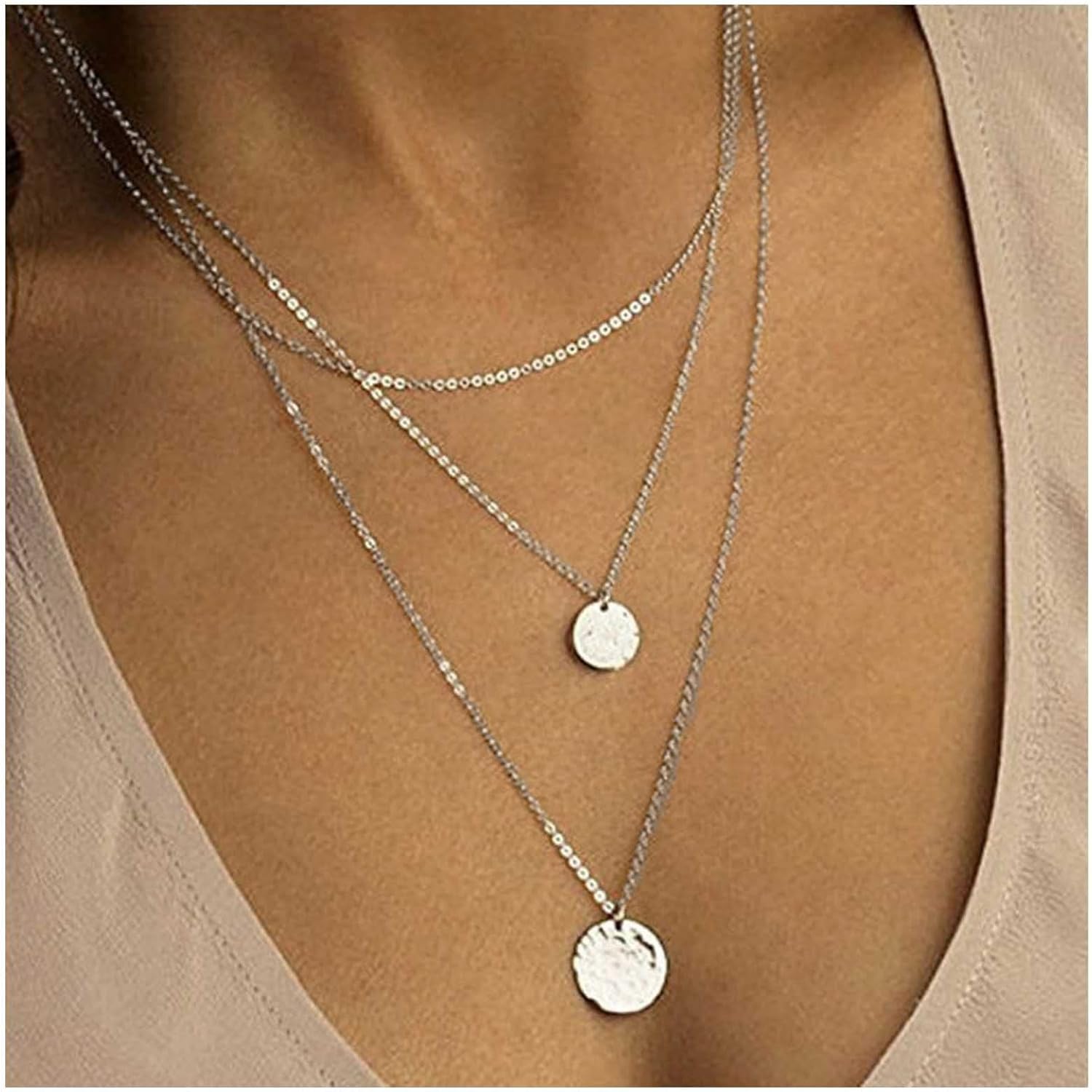 Boho Plated Layered Gold Disc Pendant Necklace Round Hammered Disc Necklace Layering Coin Chain Necklace Vintage Multi Layer Necklace Chain Jewelry for Women - Image 4