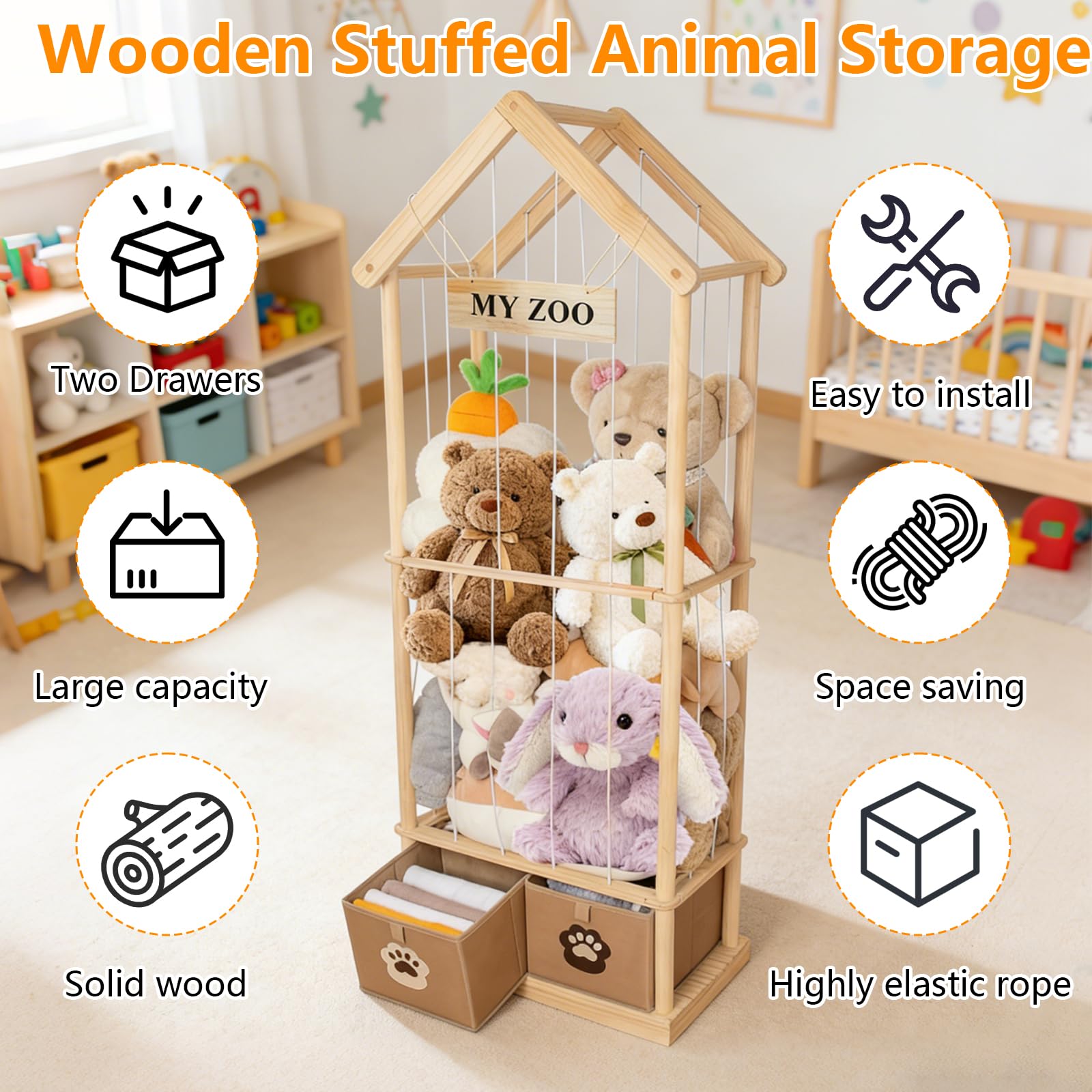 165x58x33cm Plüschtier Aufbewahrung aus Holz mit 2 Schubladen, Massivholz Kiefer Kuscheltier Organizer, Hohes Plüschtier Regal für Kinderzimmer, Spielzimmer & Nursery
