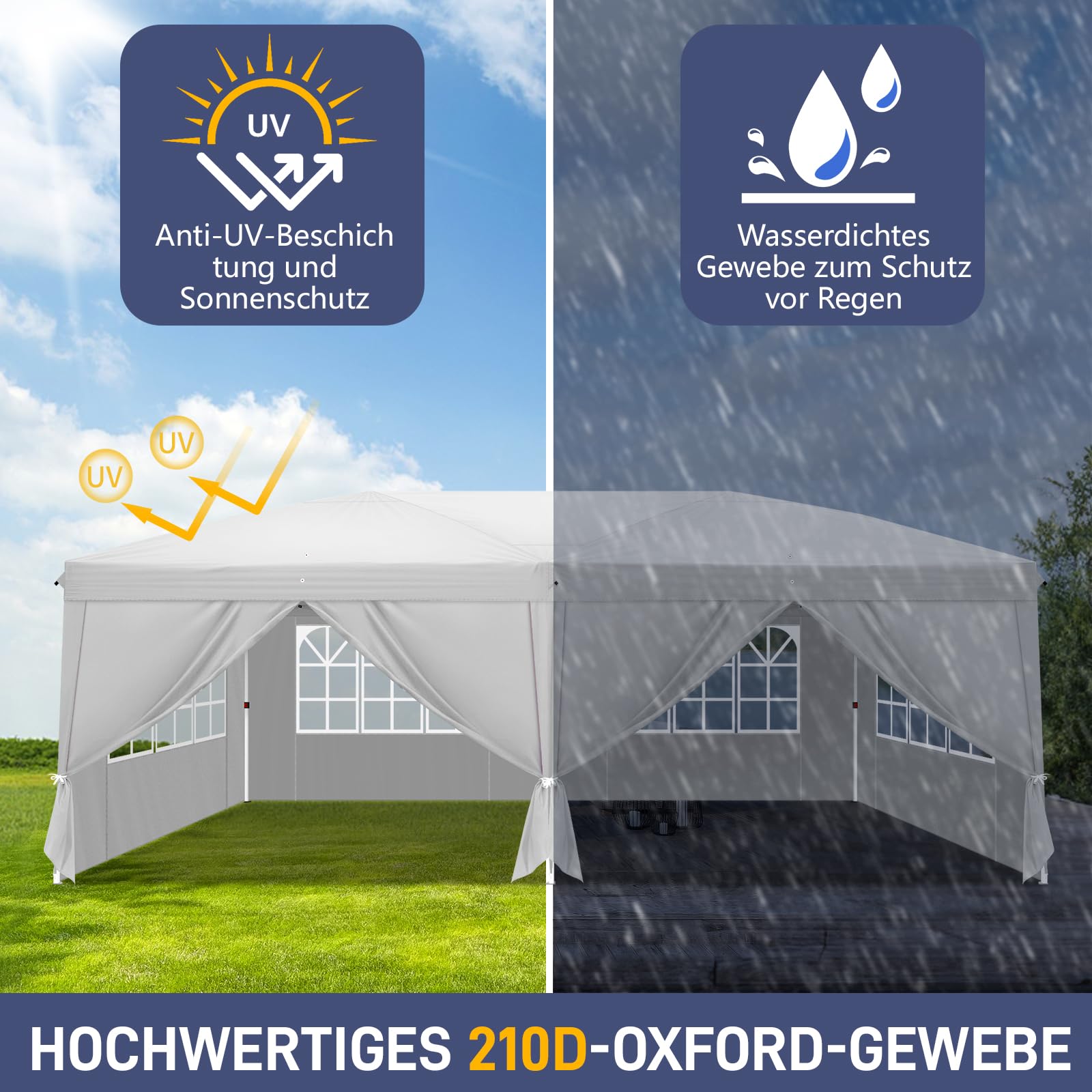 Pavillon 3x6 m,Faltpavillon Wasserdicht Windfest UV 50+ Sonnenschutz, mit 6 Seitenwände,4 Fenster,Höhenverstellbare, Stabil Gartenzelt Partyzelt für Garten, Party, Terrasse,Camping Weiß