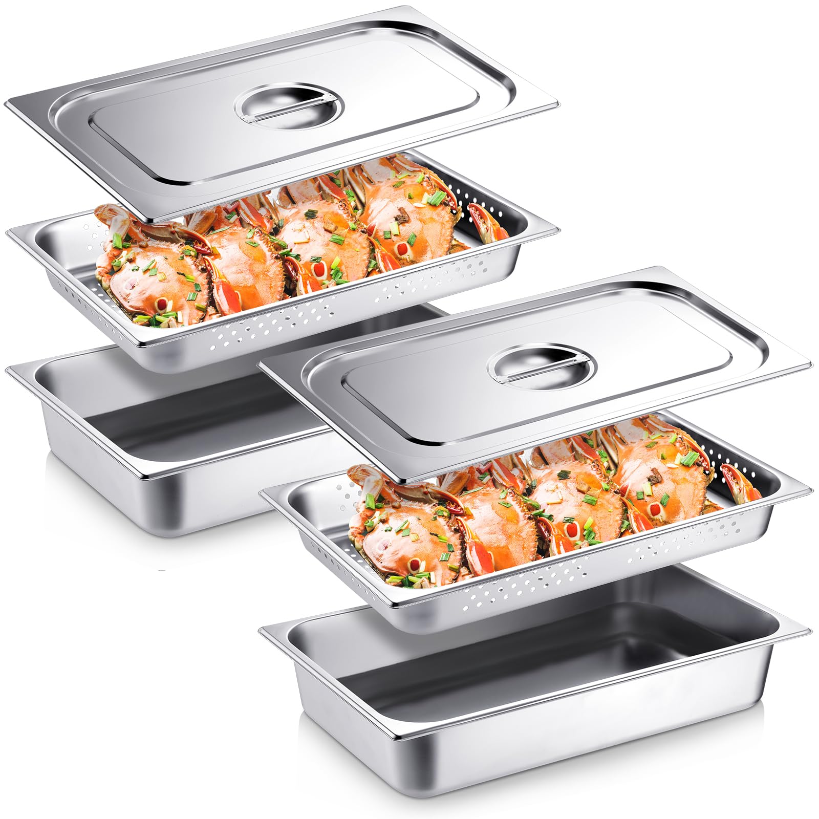 Photo 1 of 6 Pcs Full Size Hotel Pan with Lid Set Include 2 Stainless Steel Full Size Pan 2 Perforated Steam Pan 2 Steam Table Pan Cover for Food Warmer Restaurant Catering Kitchen Supplies (4, 2.6 Inch Deep)