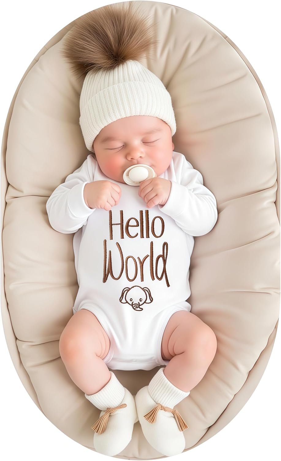 Hello World Newborn Coming Home Outfit Romper and Knit Hat with Pom Pom, Baby Long Sleeve Onesie Newborn Gift