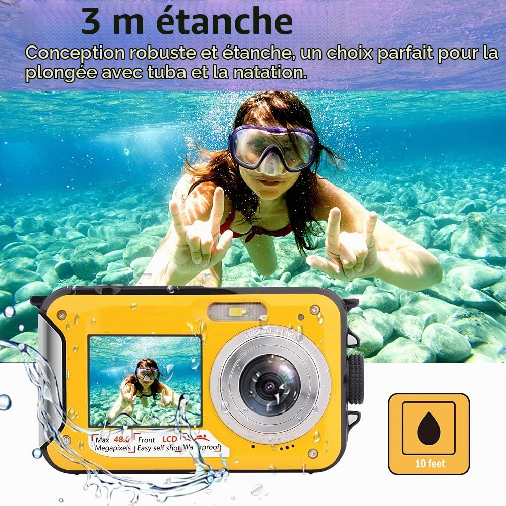 Appareil Photo Etanche Numérique Full HD 2.7K 48MP Camera Etanche pour la plongée en apnée Camera sous Marine à Double écran avec Retardateur et Zoom Numérique 16X
