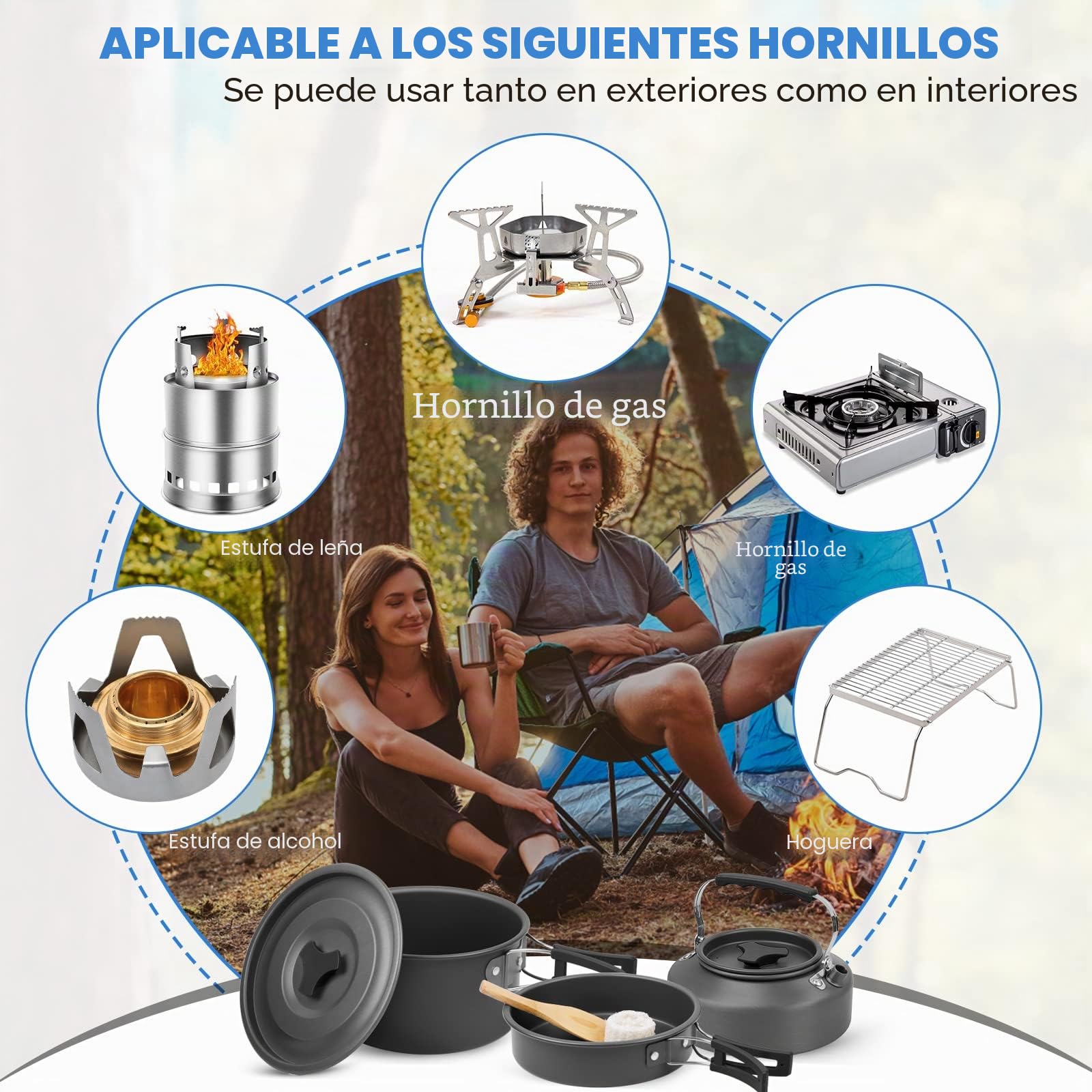 Juego de Ollas de Camping de 14 Piezas, Kit de Utensilios de Cocina para Acampar, Juego de Cocina para Acampar, Vajilla para Cocinar al Aire Libre, para Cocina al Aire Libre, Senderismo, Camping