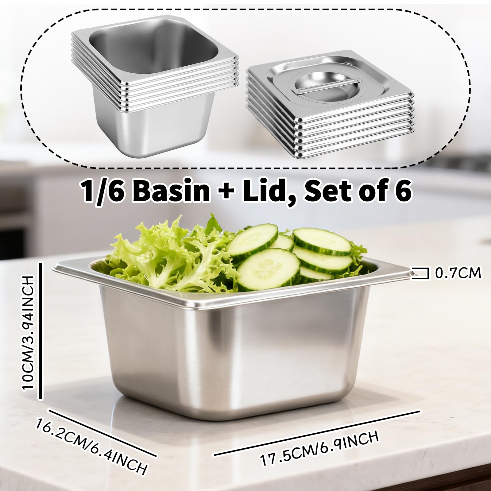 Contenitore GN 1/6, Set da 6 Vasche GN 1/6 in Acciaio Inox | Vaschette Inox da 10 cm di Profondità con Coperchio, Contenitori Gastro Impilabili, Bacinelle per Bagnomaria e Conservazione