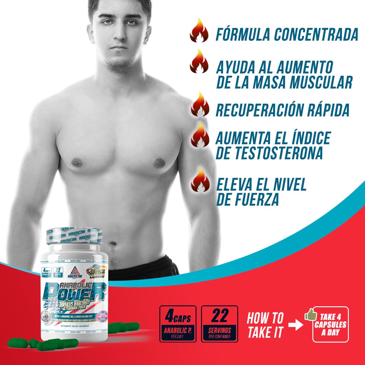 ANABOLIC POWER | Anabolizante Natural | Ayuda a Aumentar tu Masa Muscular | Potencia la Testosterona | Con L-Arginina, Tribulus Terrestris y Maca | 90 Cápsulas