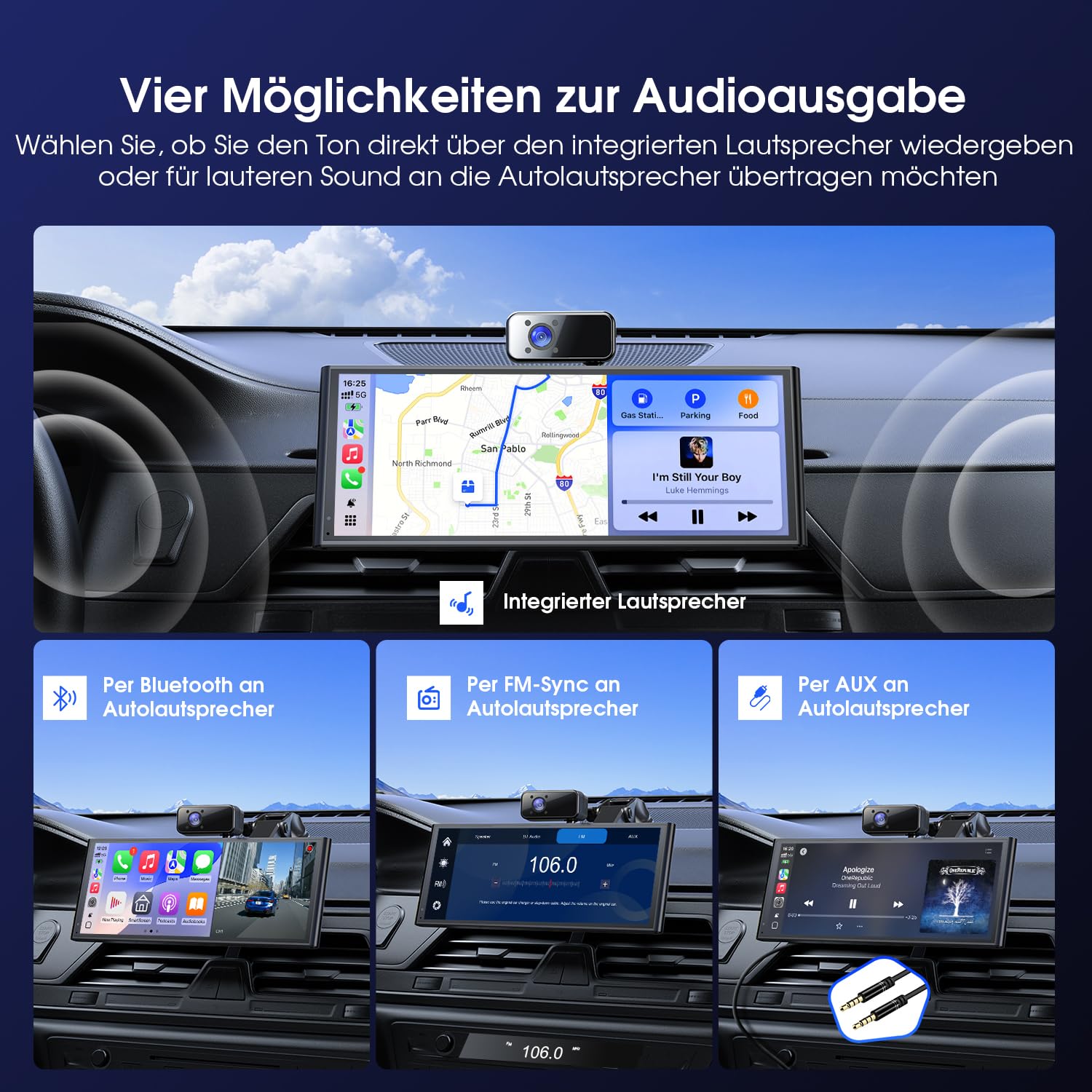 Avylet 10,26" 60FPS CarPlay Display mit 4K/1080P 3-Kanal-Videoaufnahme, kompatibel mit Apple CarPlay/Android Auto, 64GB Karte, OTA-Updates, GPS, Mirror Link, Sprachsteuerung, Bluetooth/AUX/FM
