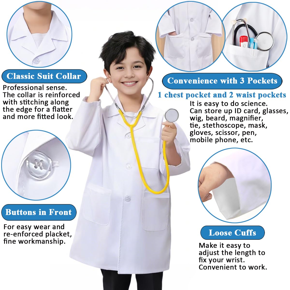 Bata Laboratorio Algodón Blanca Manga Larga Niño Niña Disfraz Científico Médico Enfermera Doctor